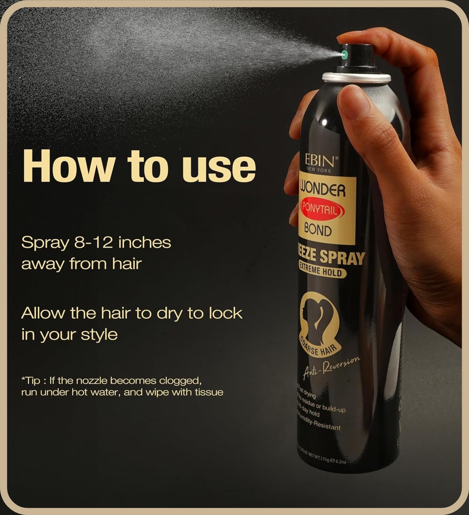 EBIN NEW YORK Wonder Ponytail Bond Freeze Spray résiste à l'humidité et à la transpiration.