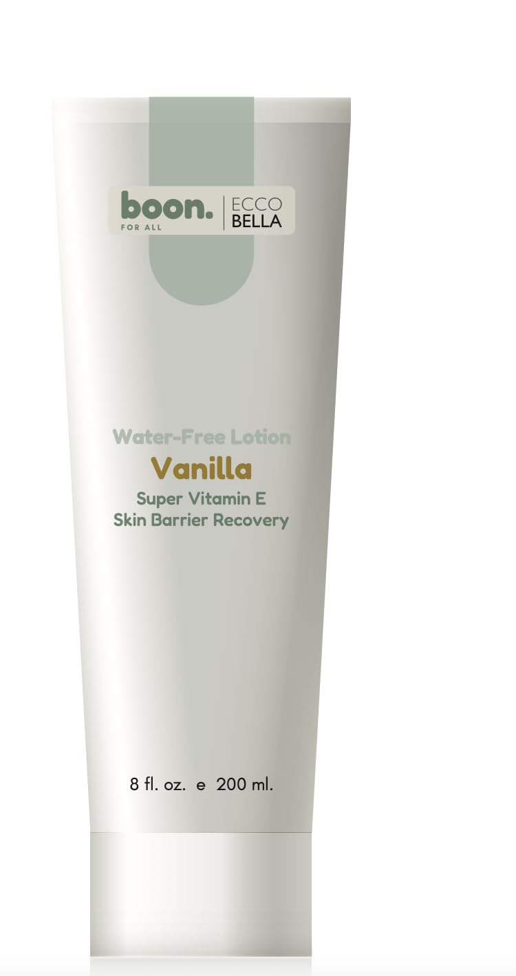 Lotion vanille Ecco Bella en bouteille : hydratation durable pour peau sèche.