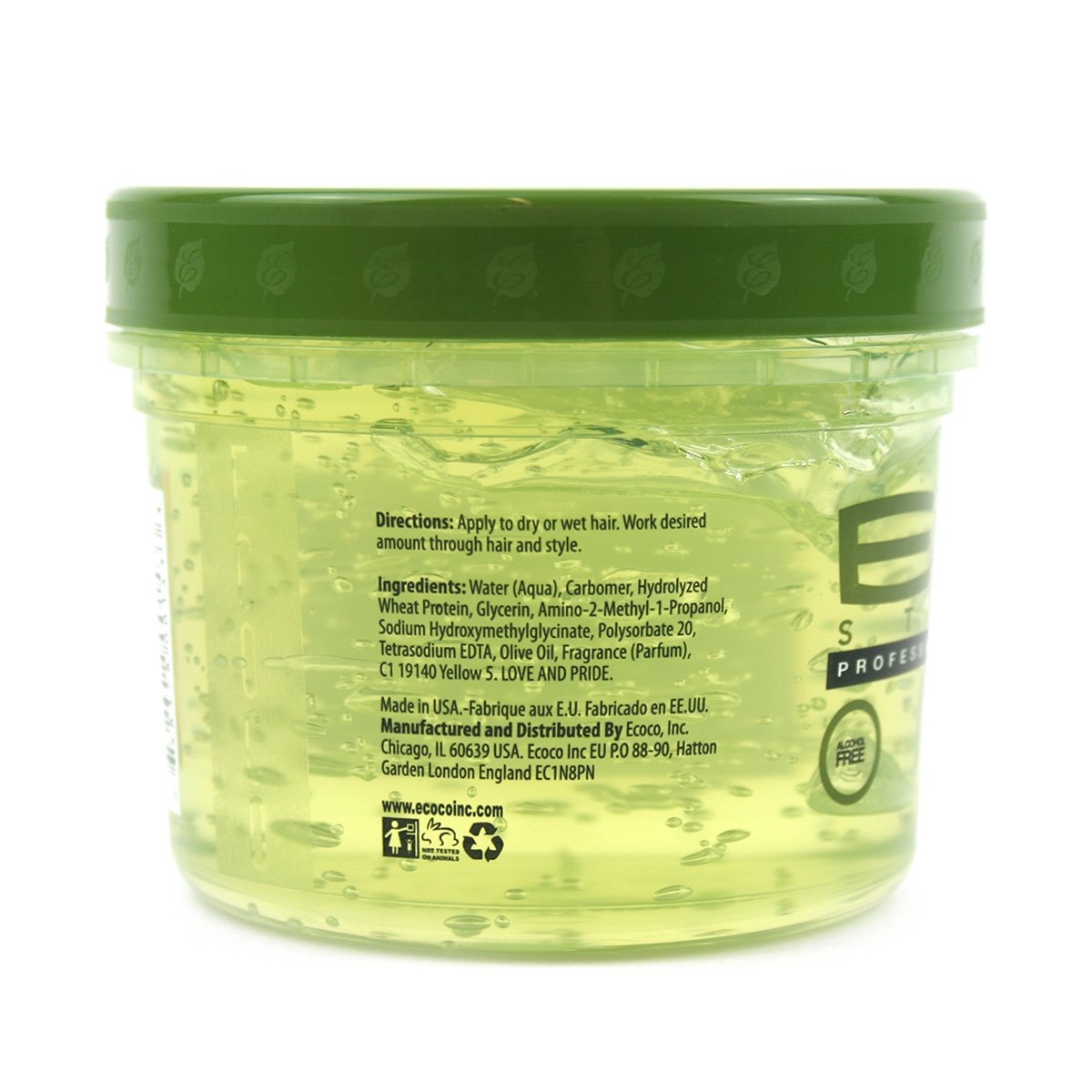 ECCO Gel coiffant huile d'olive 355 ml, texture riche pour une tenue flexible.