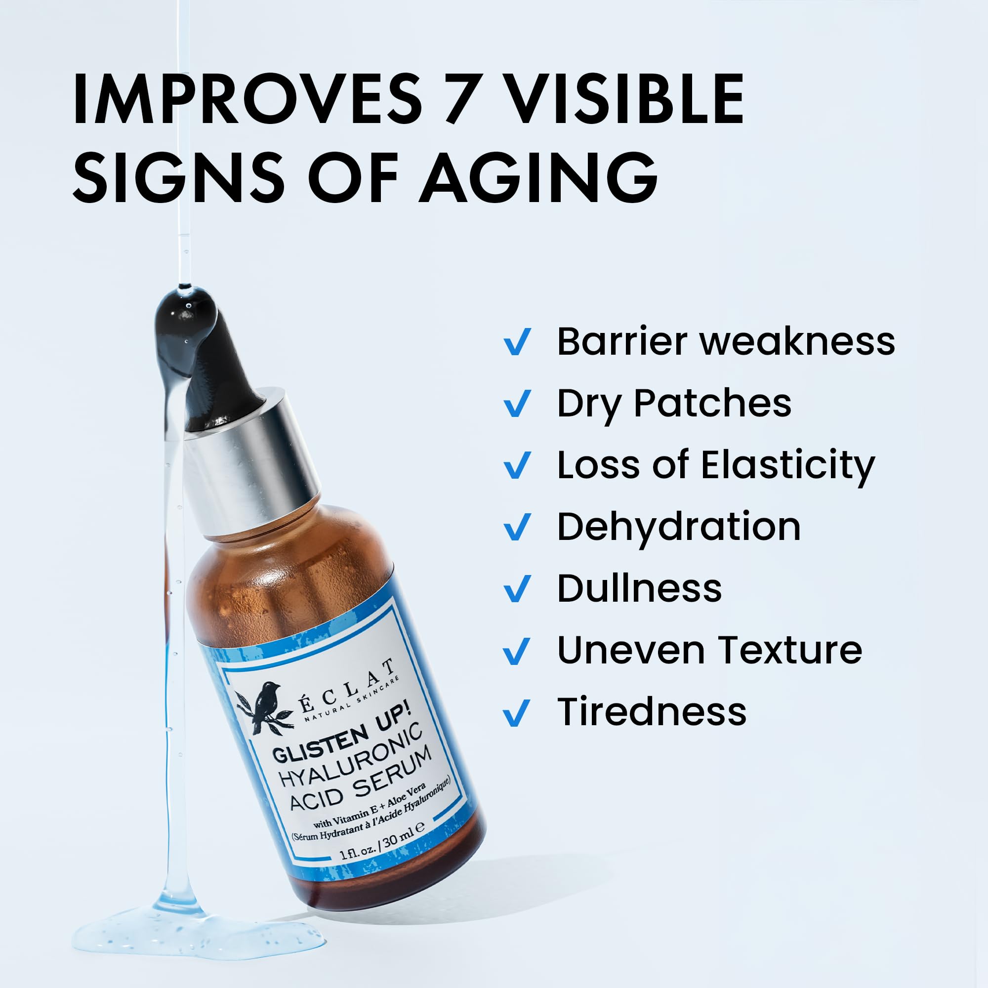 Appliqué sur le visage, le sérum Eclat Skincare apporte douceur et hydratation.