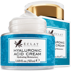 Eclat Skincare : bouteille de crème hyaluronique pour hydratation durable.