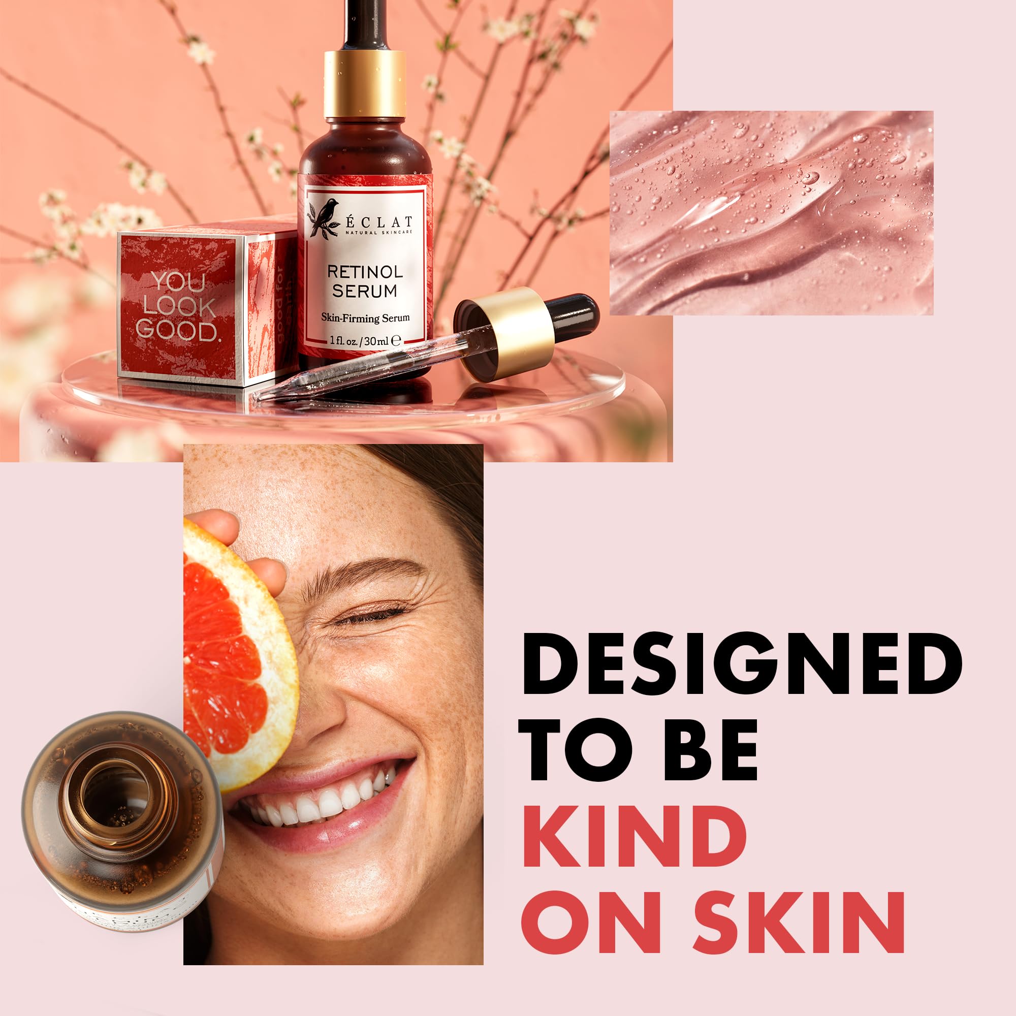 Bouteille en verre ambré d’Eclat Skincare Renewing Retinol Serum, présentation élégante.