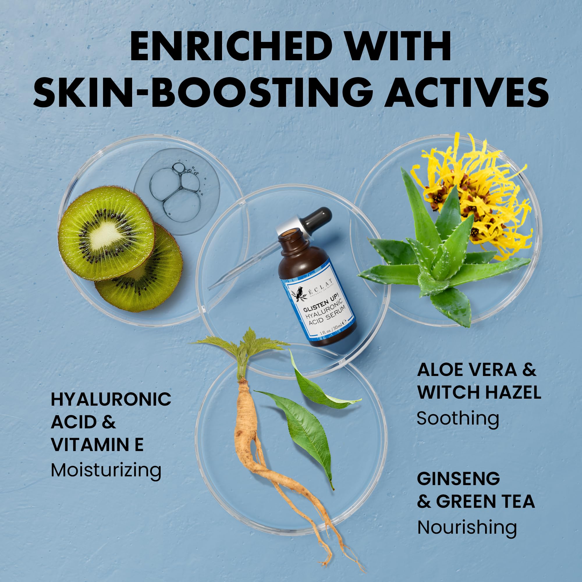Pipette du sérum hyaluronique Eclat Skincare prête à être déposée sur la peau.