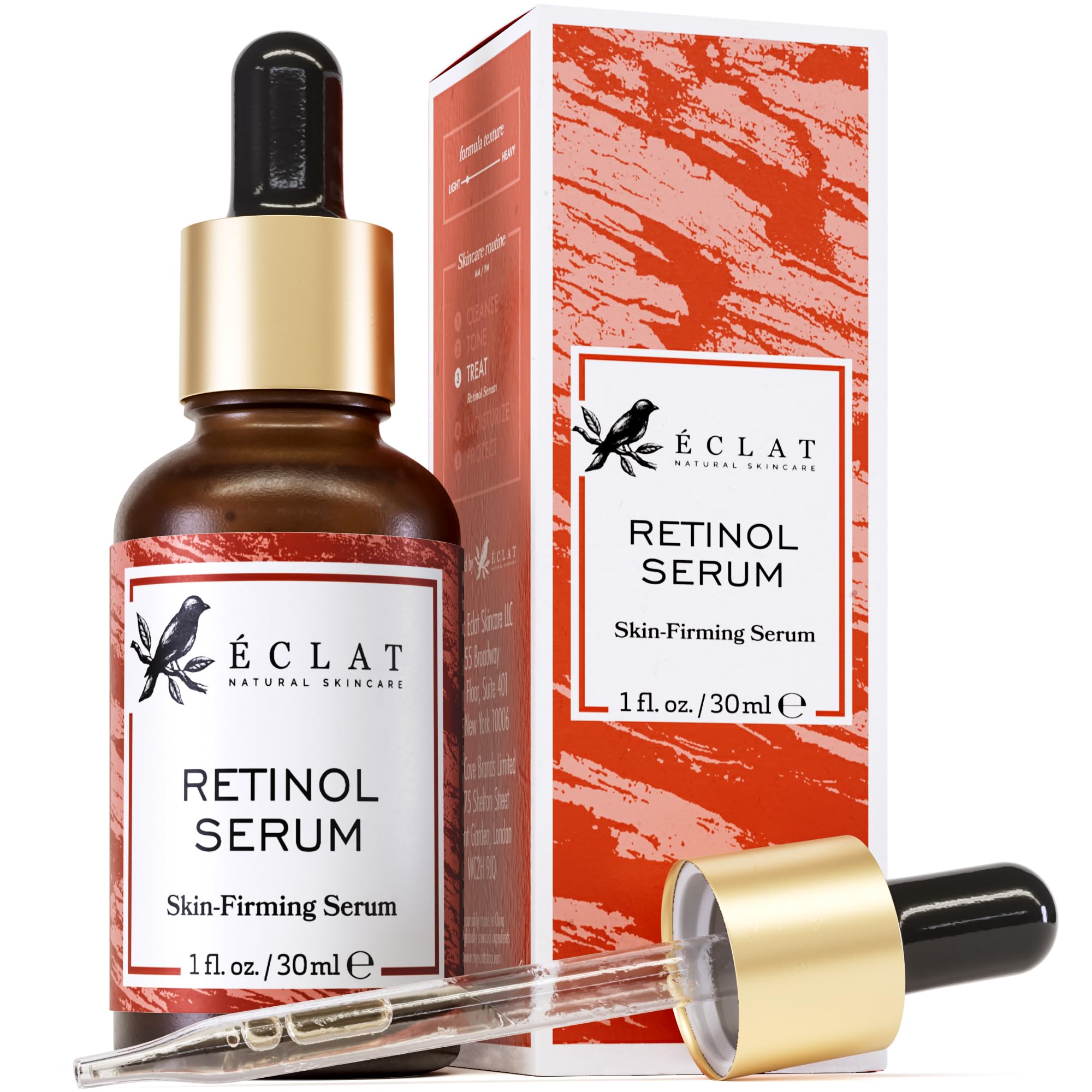 Sérum retinol Eclat Skincare, bouteille, éclat lumineux et hydratation durables.