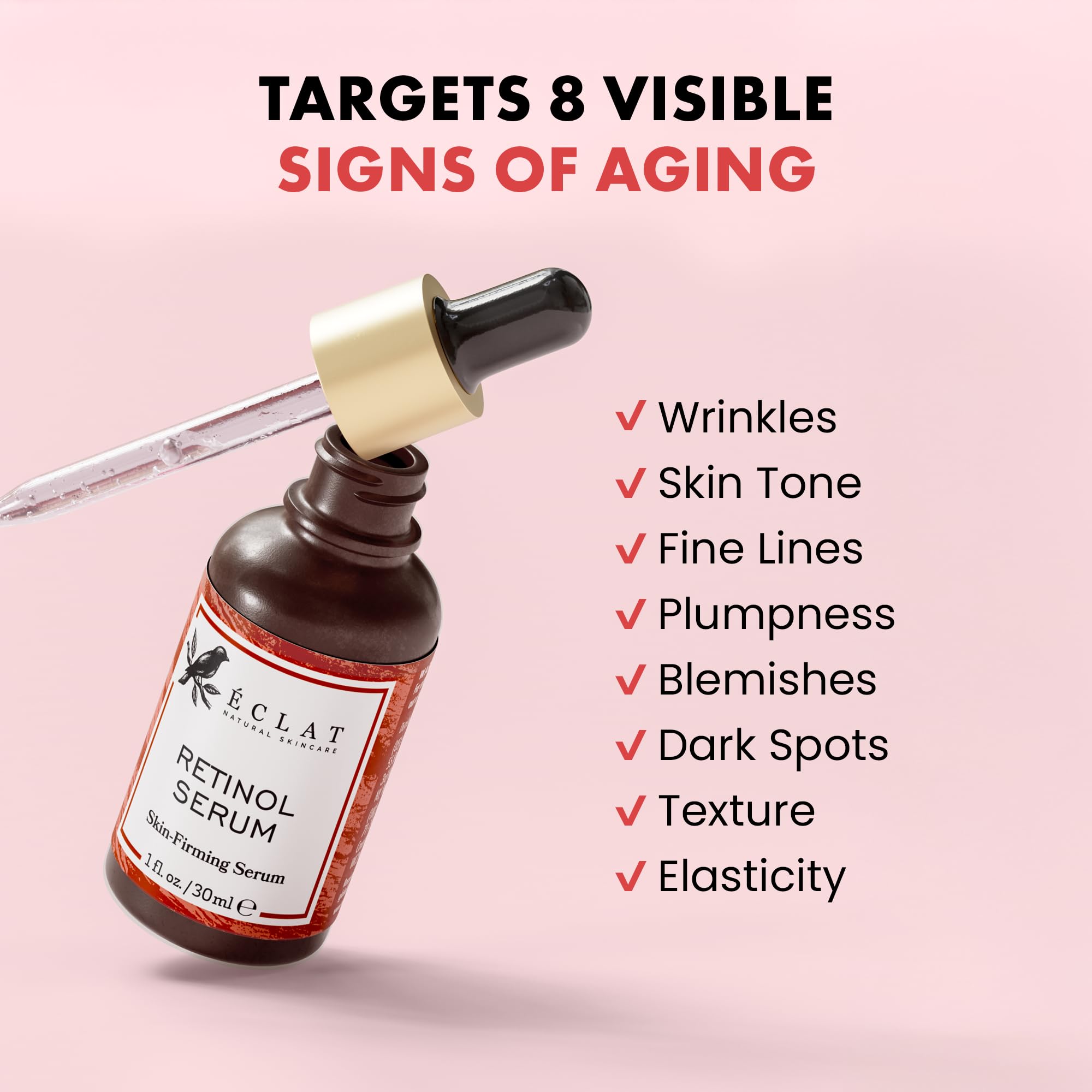 Sérum retinol Eclat Skincare, texture veloutée et douceur immédiate.