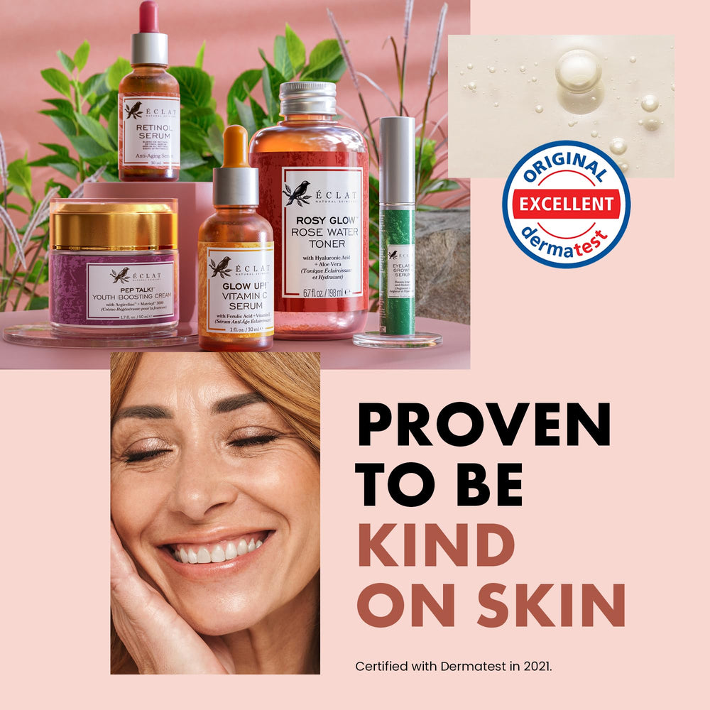 Éclat Skincare tonique rose adapté à tous types de peau pour usage quotidien.