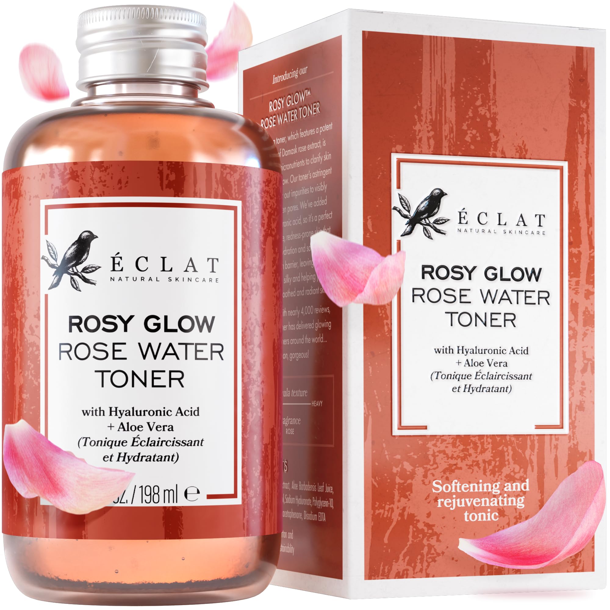 Éclat Skincare tonique eau de rose, bouteille élégante prête à hydrater le visage.