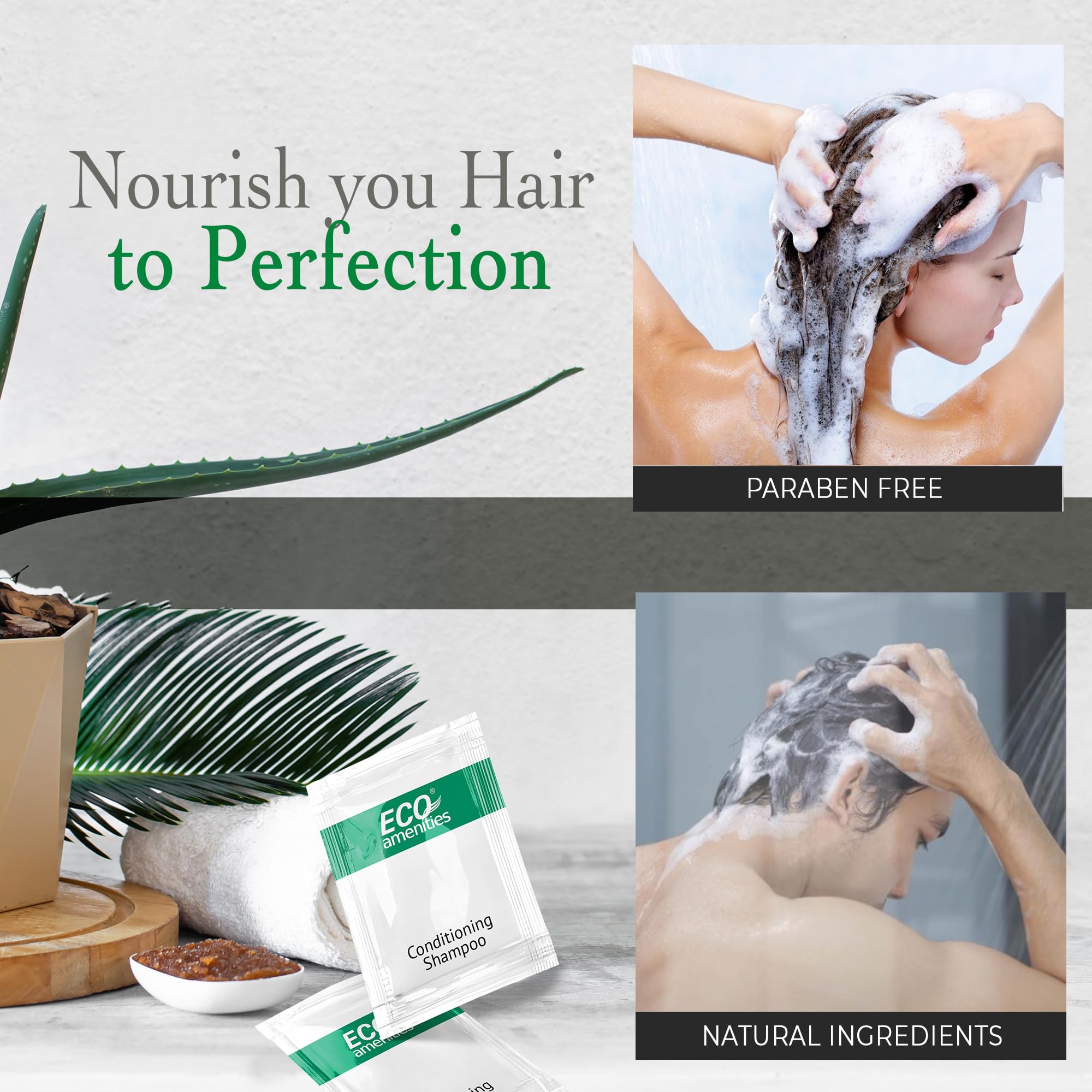 ECO Amenities sachets-douches 10ml, emballage compact et sûr pour voyage.