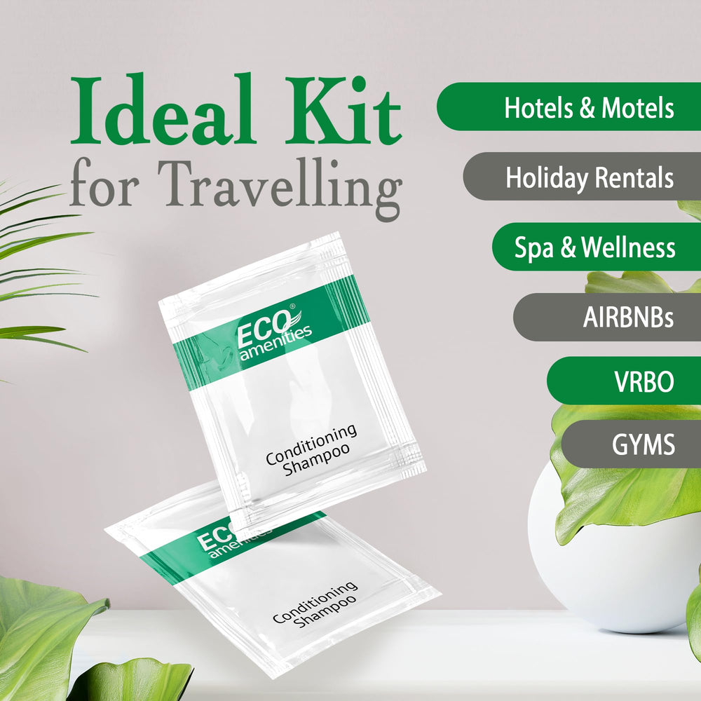 ECO Amenities sachets-shampoing-après-shampoing 2en1, 10ml, pratique en voyage.
