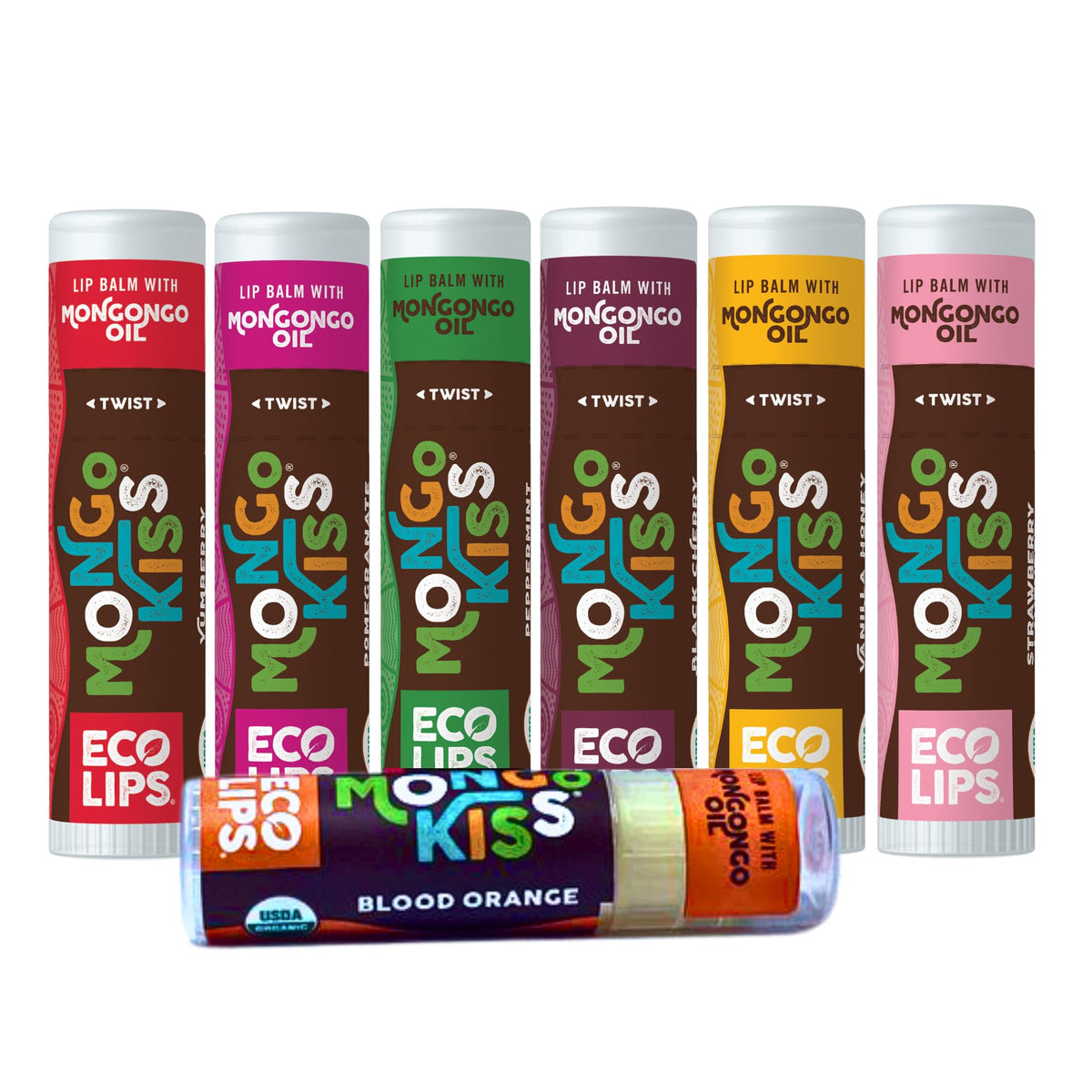Mongo Kiss d’Eco Lips, tube gros format orange sanguin pour hydratation durable.
