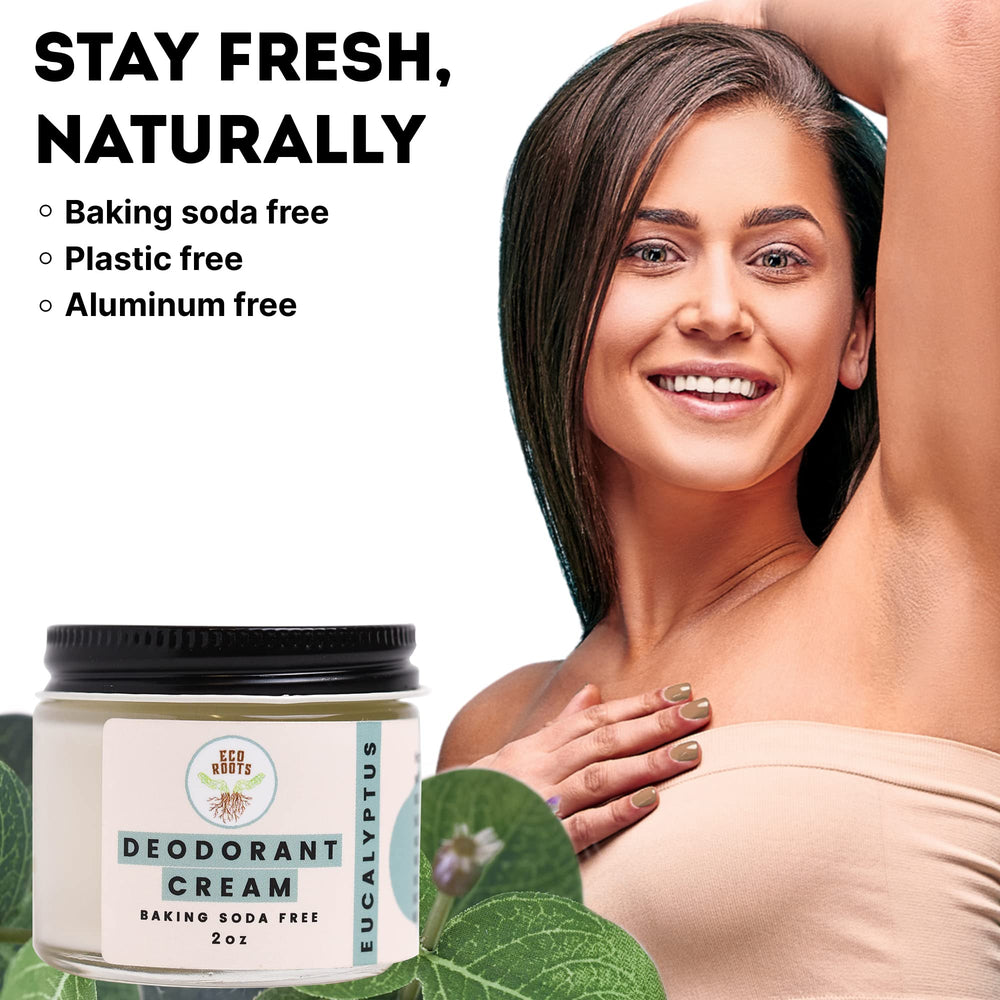 Eco Roots déodorant crème eucalyptus, absorption rapide et peau satinée.