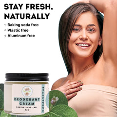Eco Roots déodorant crème eucalyptus, absorption rapide et peau satinée.