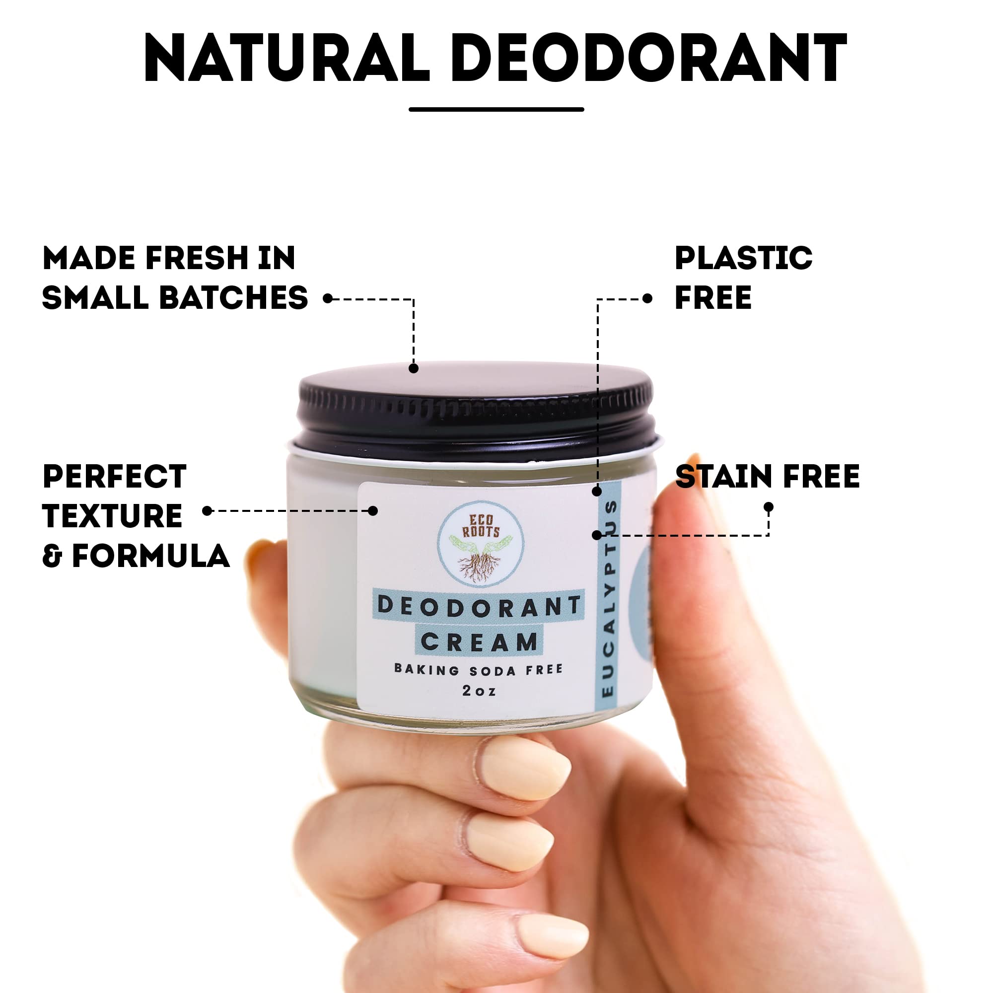 Eco Roots déodorant crème eucalyptus, emballage écologique et responsable.