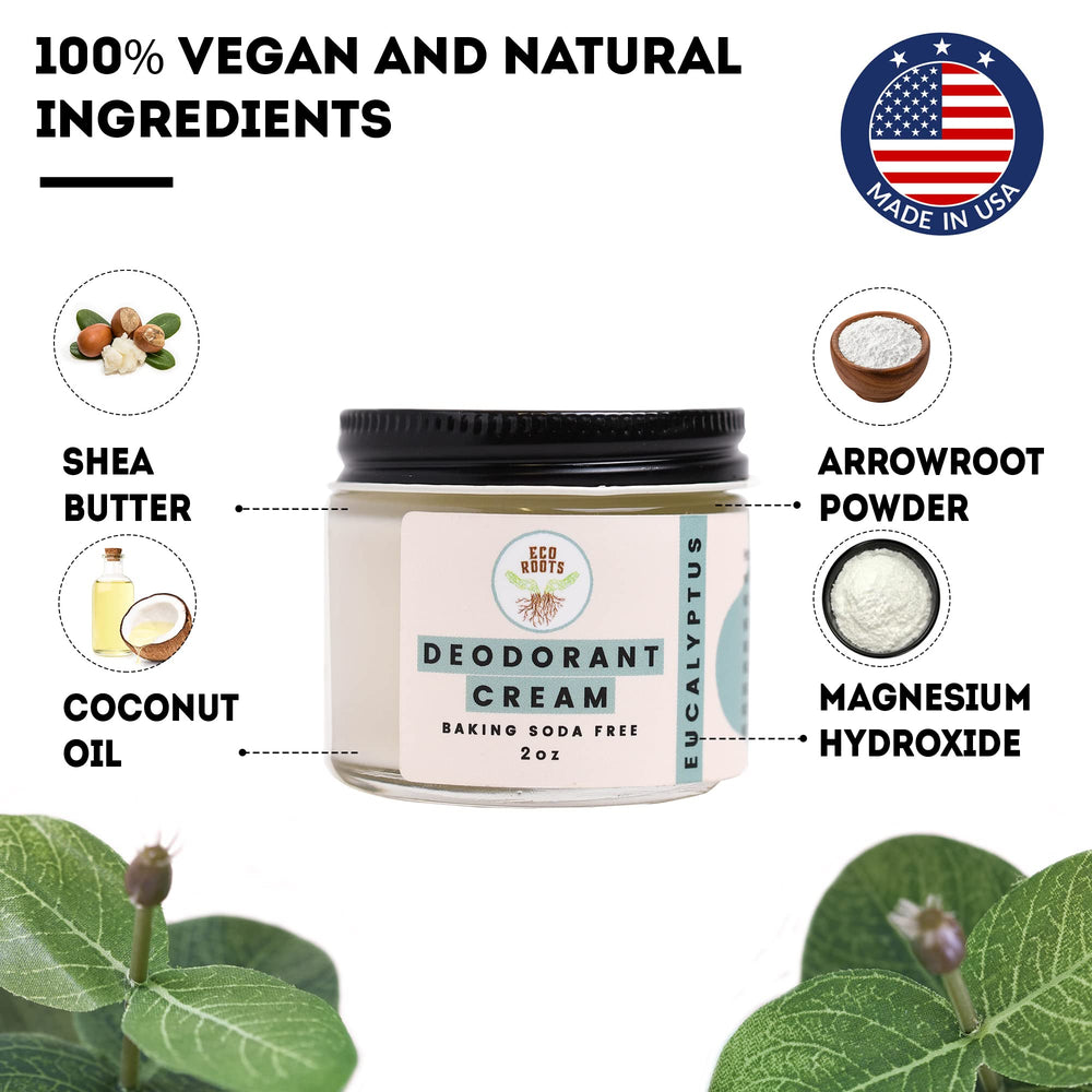 Eco Roots déodorant crème eucalyptus, vitamines nourrissent la peau.