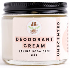 ECO ROOTS Déodorant crème sans aluminium sur bouteille, douceur naturelle et fraîcheur durable.