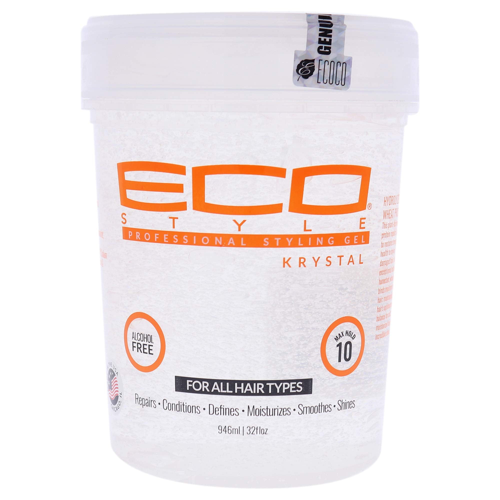 Ecoco Gel coiffant clair Krystal en flacon de 946 ml pour un coiffage net et naturel.