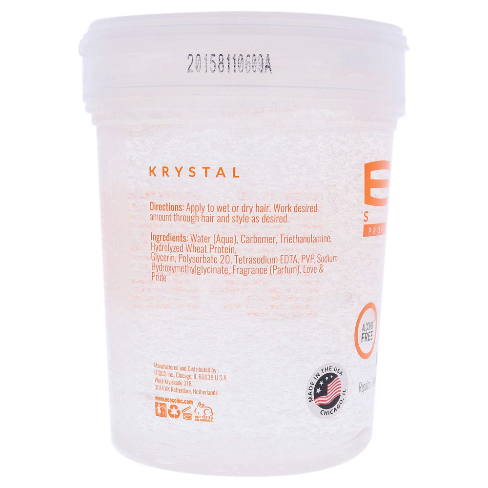 Gel coiffant clair Krystal Ecoco utilisé quotidiennement pour une coiffure simple et durable.