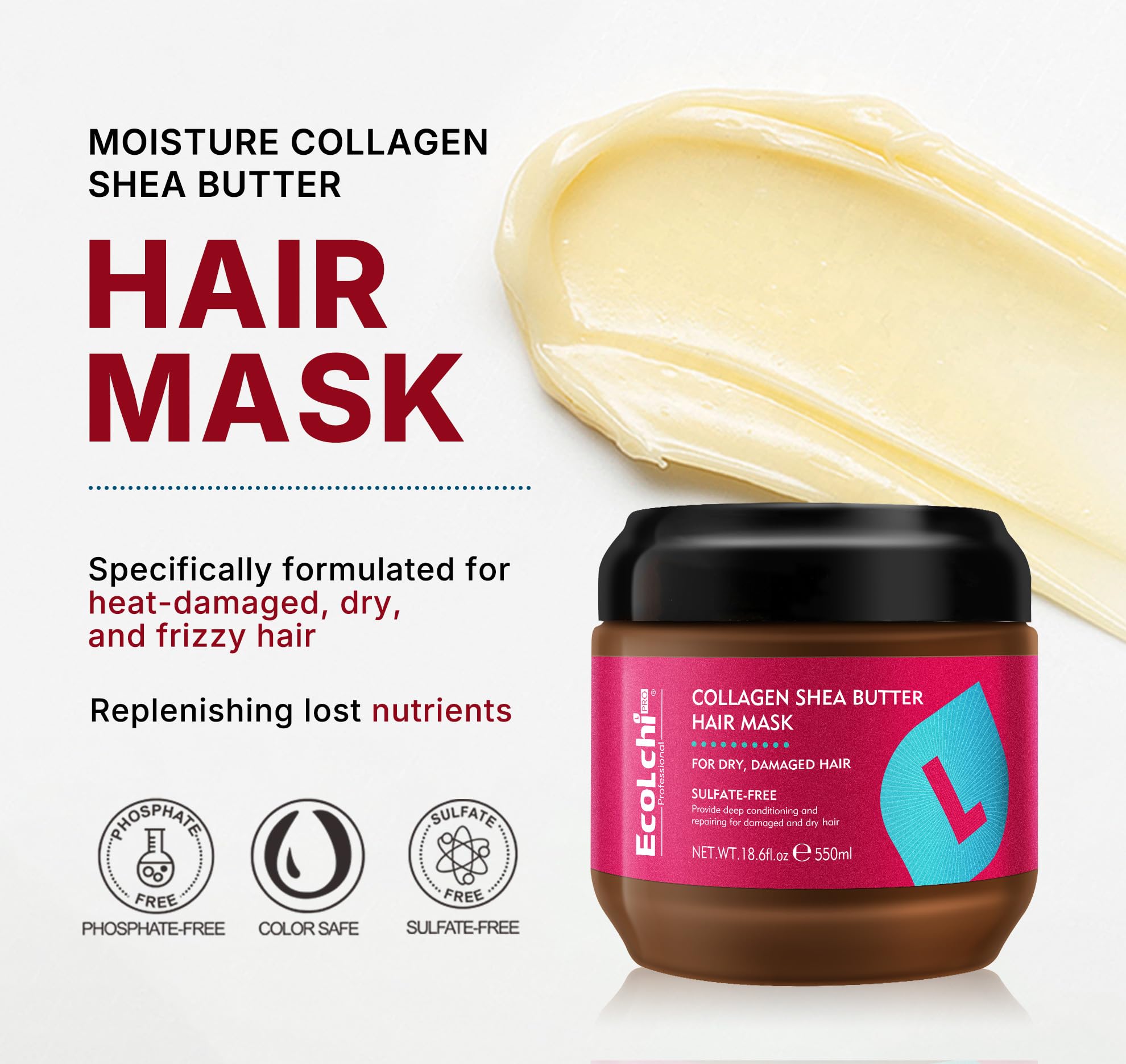 ECOLCHIPRO Masque Karité – texture crème, formulation riche pour cheveux secs.