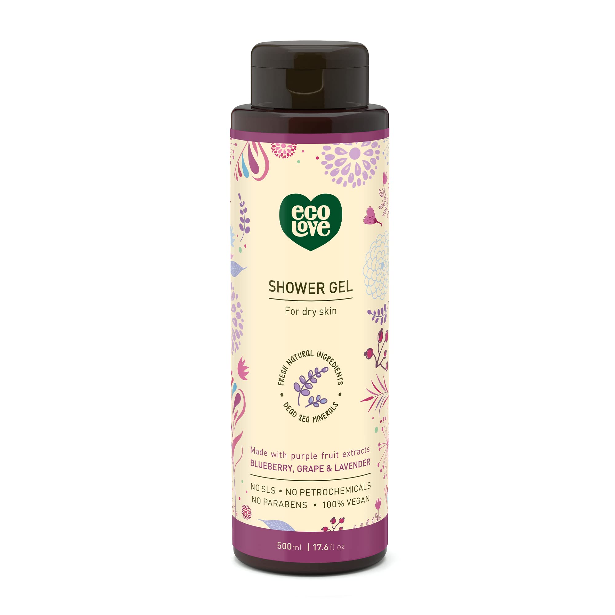 ecoLove – Bouteille douche hydratante à la myrtille pour peau sèche et sensible.