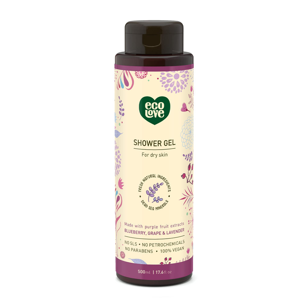 ecoLove – Bouteille douche hydratante à la myrtille pour peau sèche et sensible.