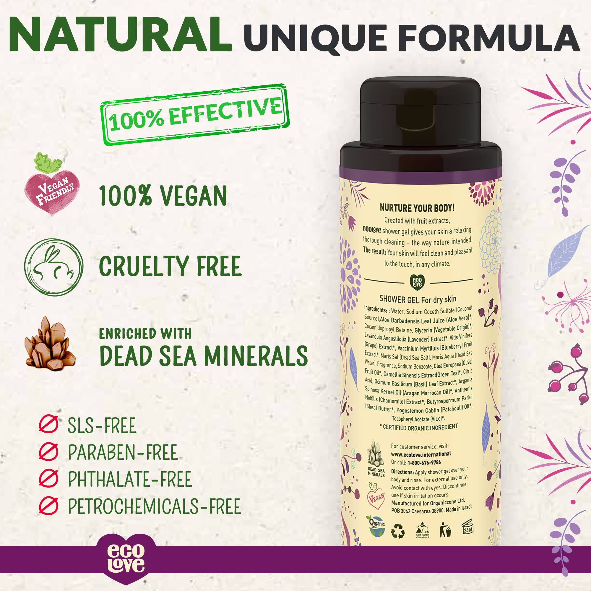 ecoLove – Bouteille douche hydratante au raisin avec parfum doux et revitalisant.