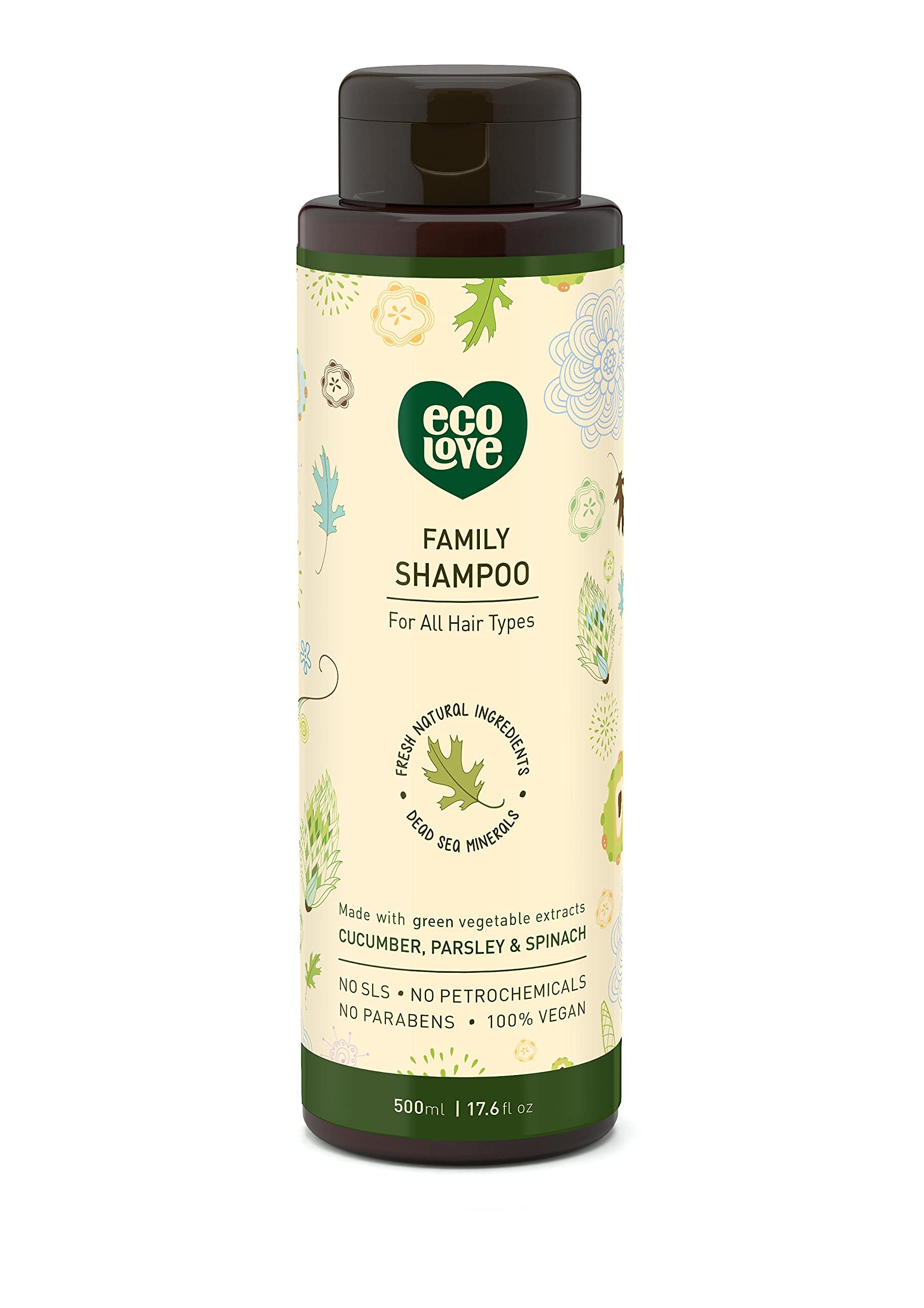 ecoLove Shampoing : bouteille verte avec étiquette naturelle pour tous types de cheveux.