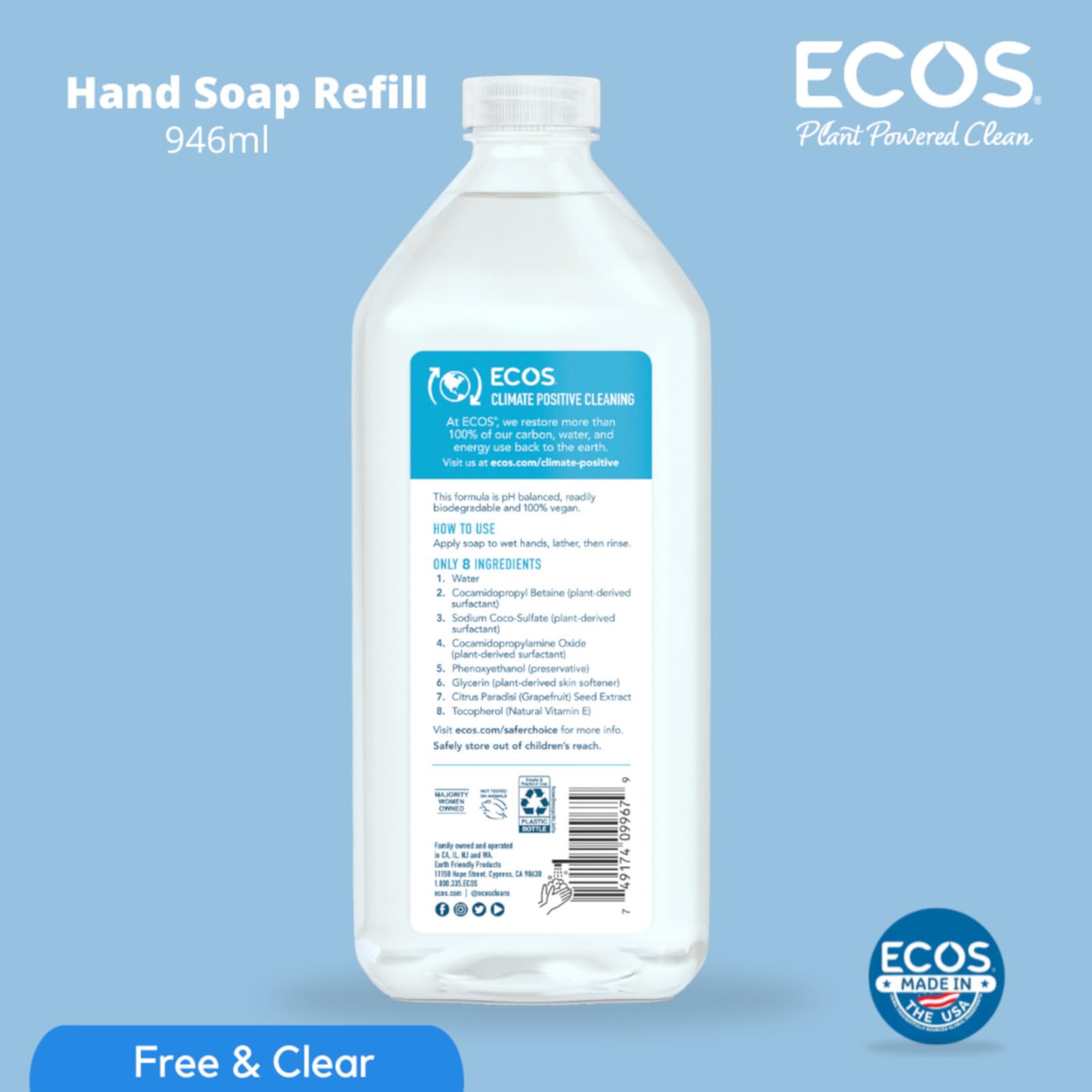 ECOS Recharge eco-responsable: emballage compact et réduction plastique.