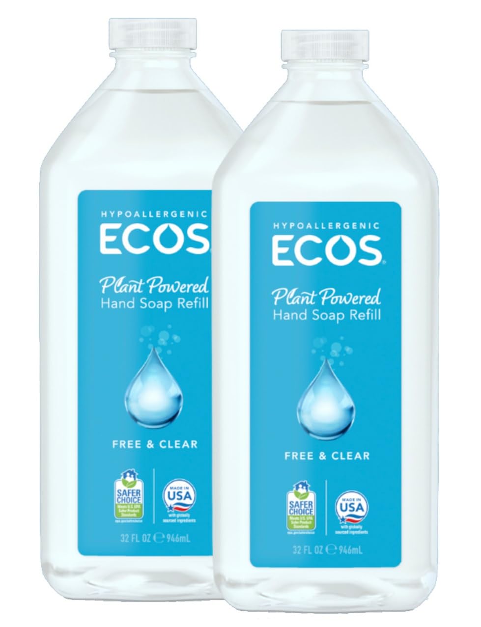 ECOS Squeaky Clean: illustration de la bouteille et recharge, pour des mains propres et sans parfum.