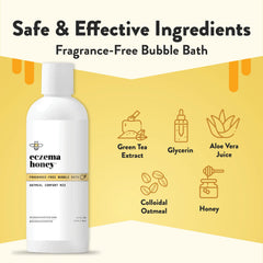 ECZEMA HONEY label closeup highlights fragrance-free oats and aloe for daily sensitive-skin care
