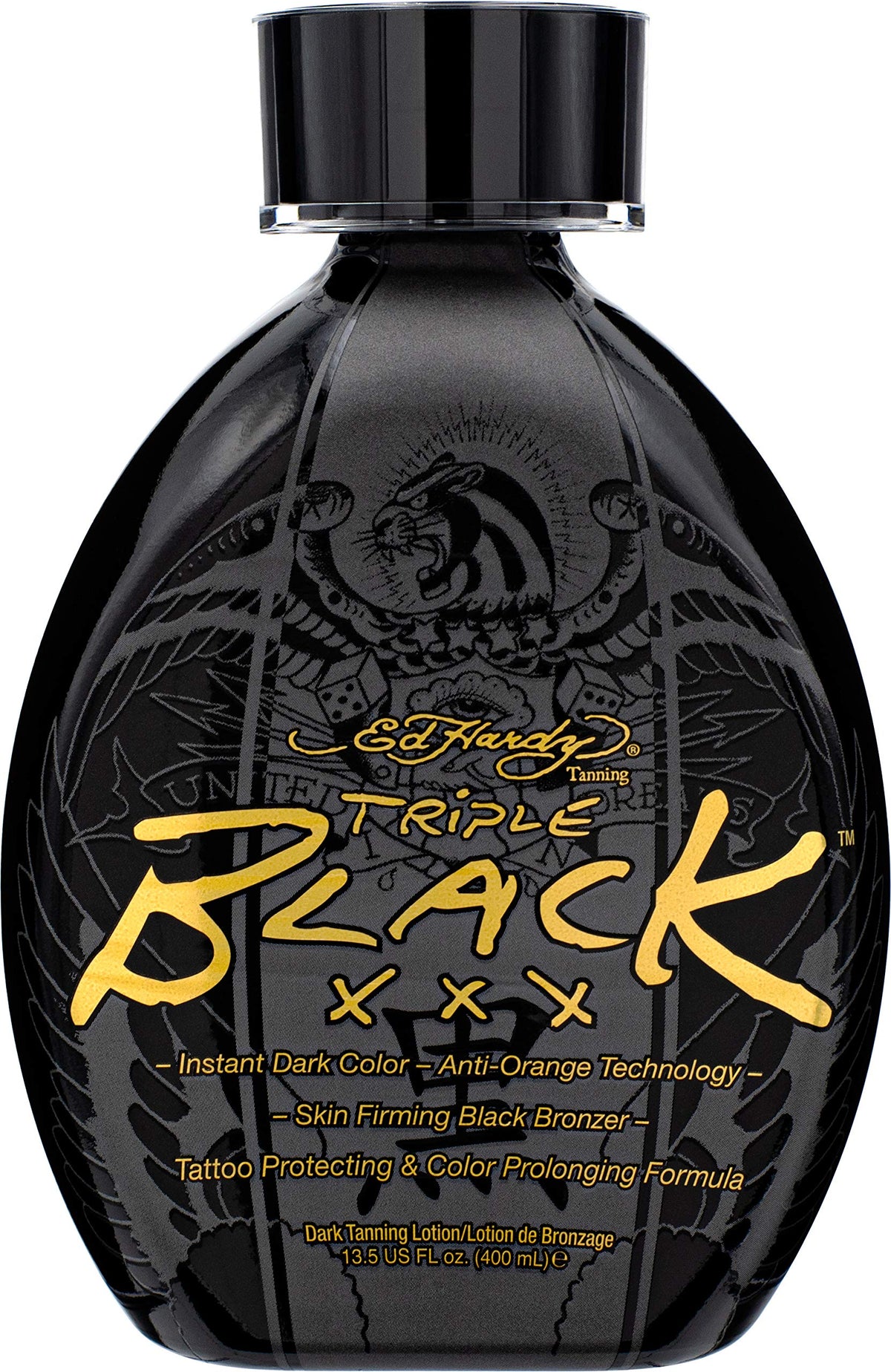 ED HARDY Black XXX Lotion – bouteille montrant un teint profond potentiel et durable