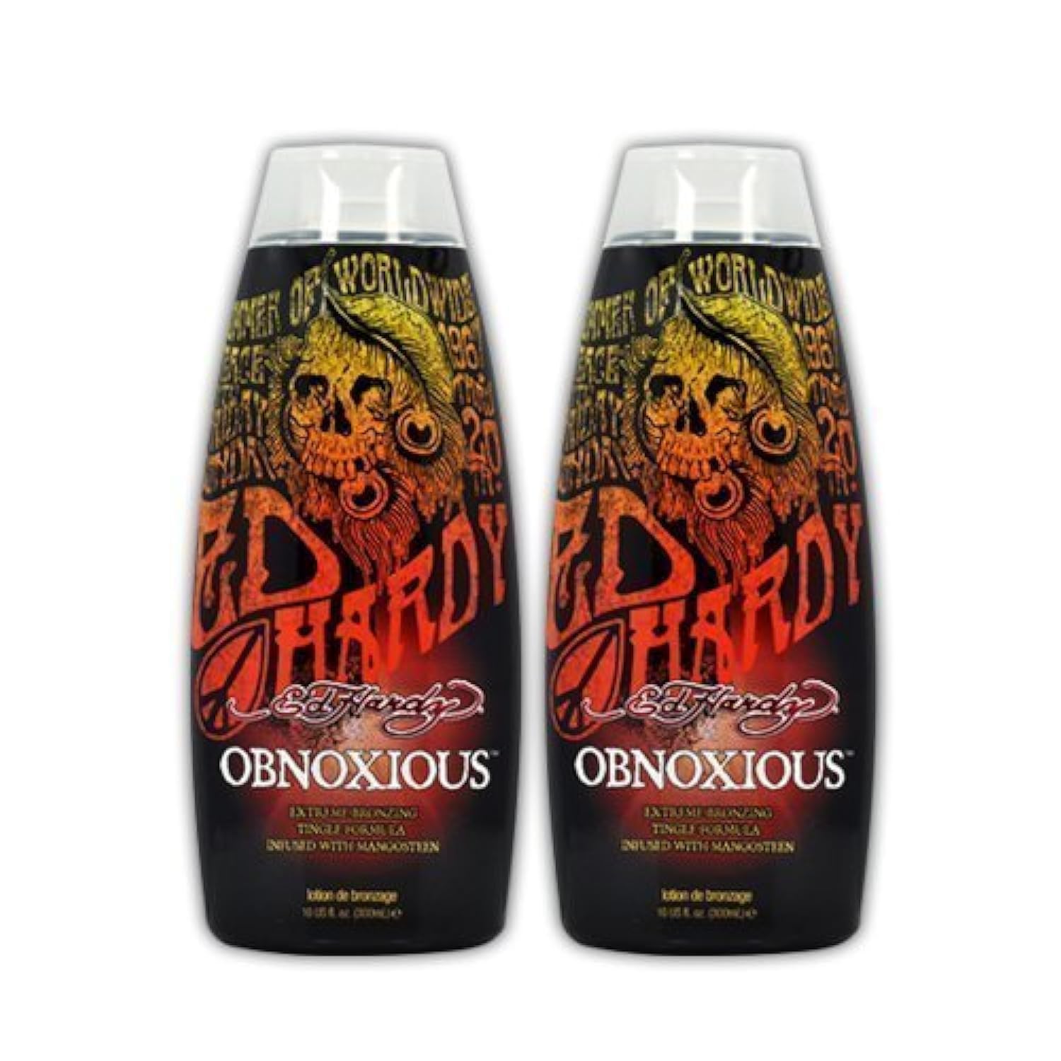 ED HARDY Obnoxious, bouteille montrant le soin bronzant et le parfum Mangosteen.
