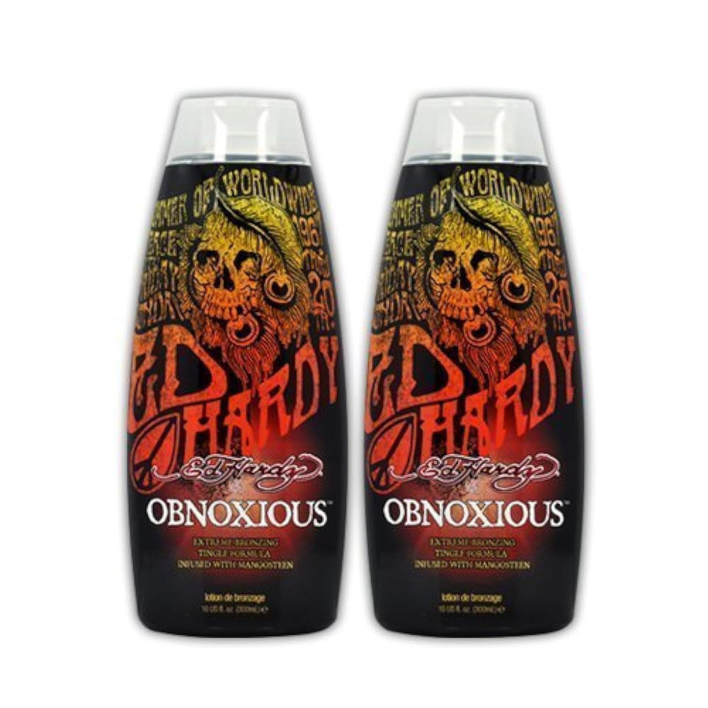 ED HARDY Obnoxious, bouteille montrant le soin bronzant et le parfum Mangosteen.