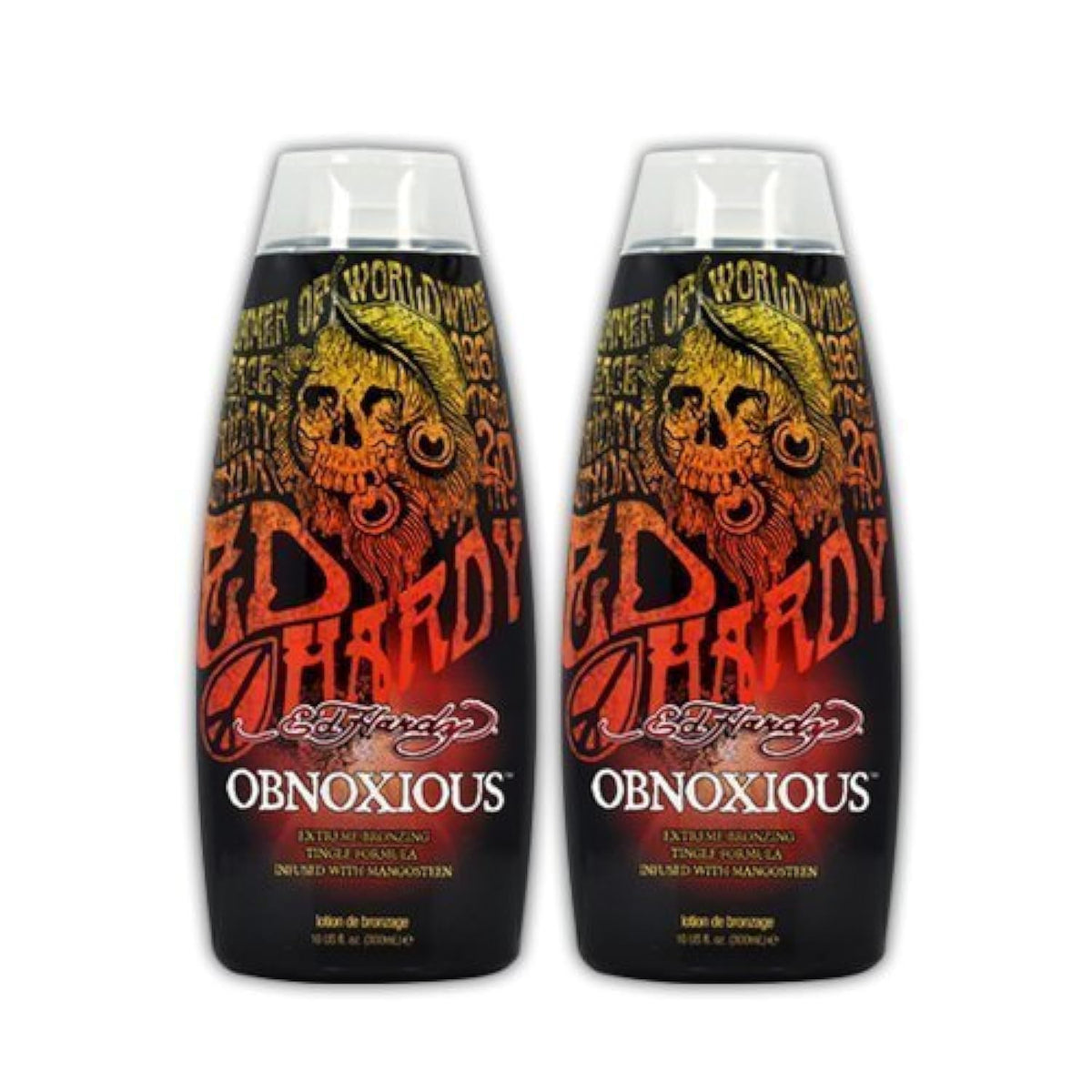 ED HARDY Obnoxious, bouteille montrant le soin bronzant et le parfum Mangosteen.