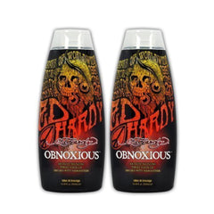 ED HARDY Obnoxious, bouteille montrant le soin bronzant et le parfum Mangosteen.