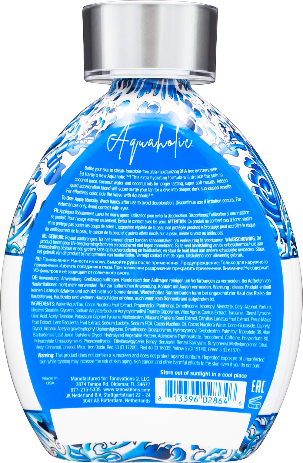 Application Ed Hardy Aquaholic Coconut Surge sur peau propre pour bronzage progressif