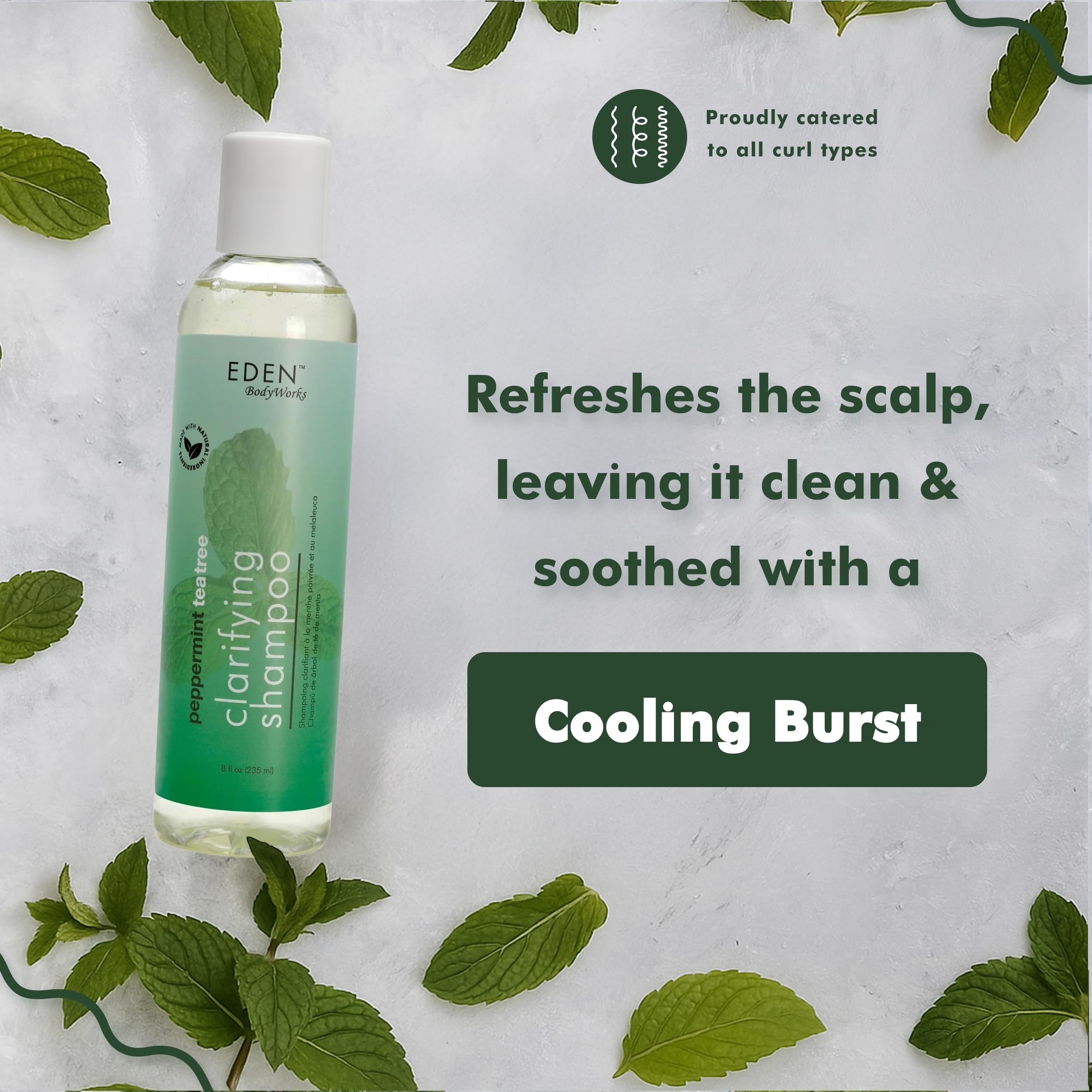 EDEN BodyWorks Shampoing Menthe et Arbre à Thé, cuir-chevelu: purifie et apaise le cuir chevelu.