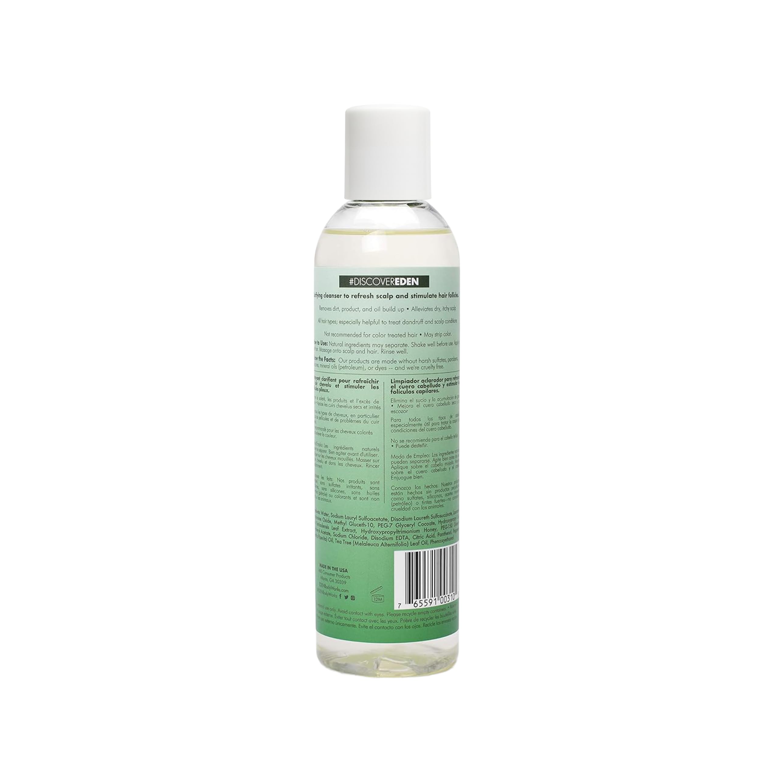 EDEN BodyWorks Shampoing Menthe et Arbre à Thé, etiquette: indications claires pour un usage clarifiant.