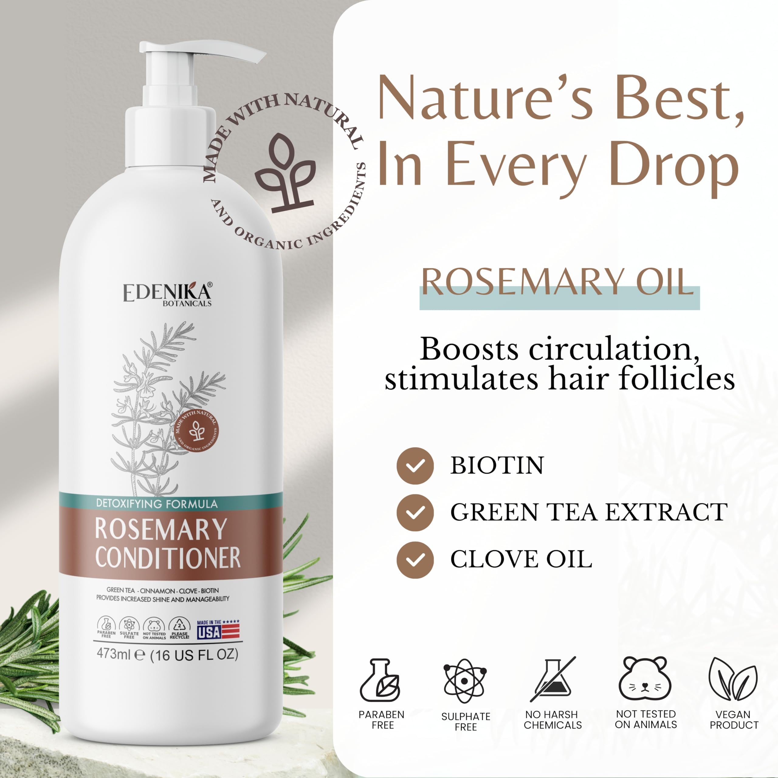 edenika botanicals conditionneur romarin demelage-cheveux: facilite le démêlage et réduit les tiraillements