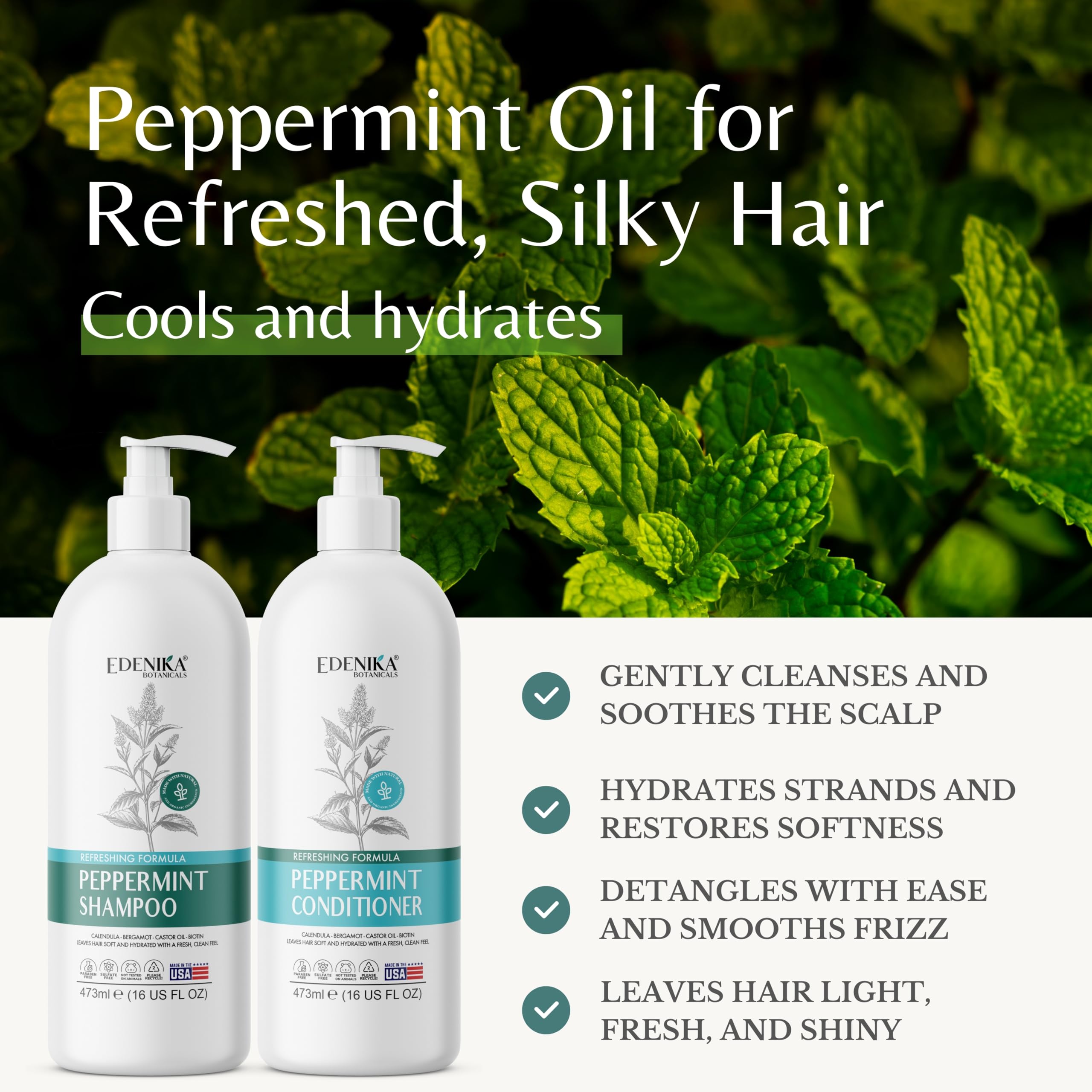 Feuilles de menthe fraîches associées au soin des cheveux par EDENIKA BOTANICALS.