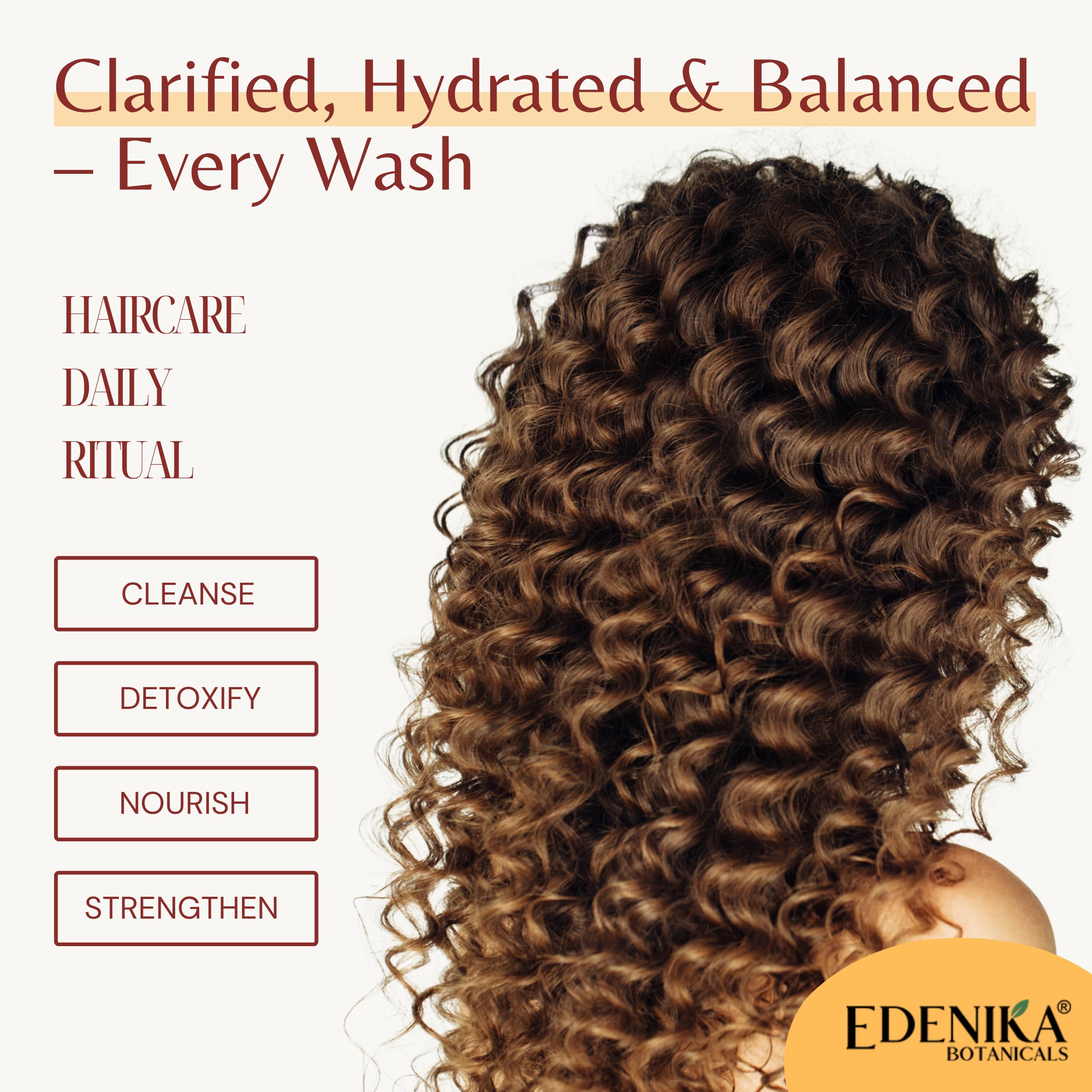 Sans sulfates et sans parabènes, EDENIKA BOTANICALS dans une bouteille.