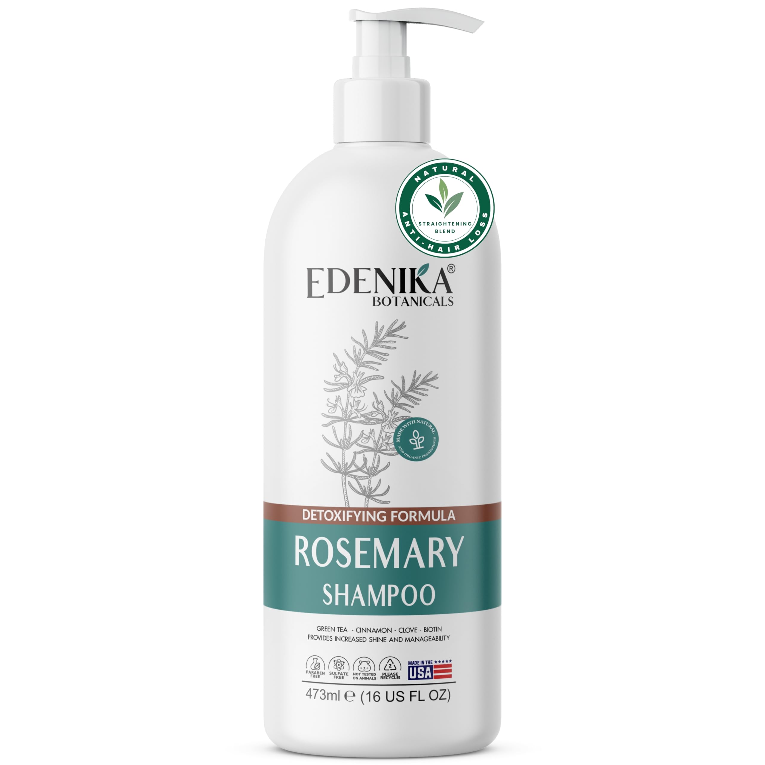 Shampoing Edenika Botanicals romarin et biotine en bouteille, fortifiant les cheveux.