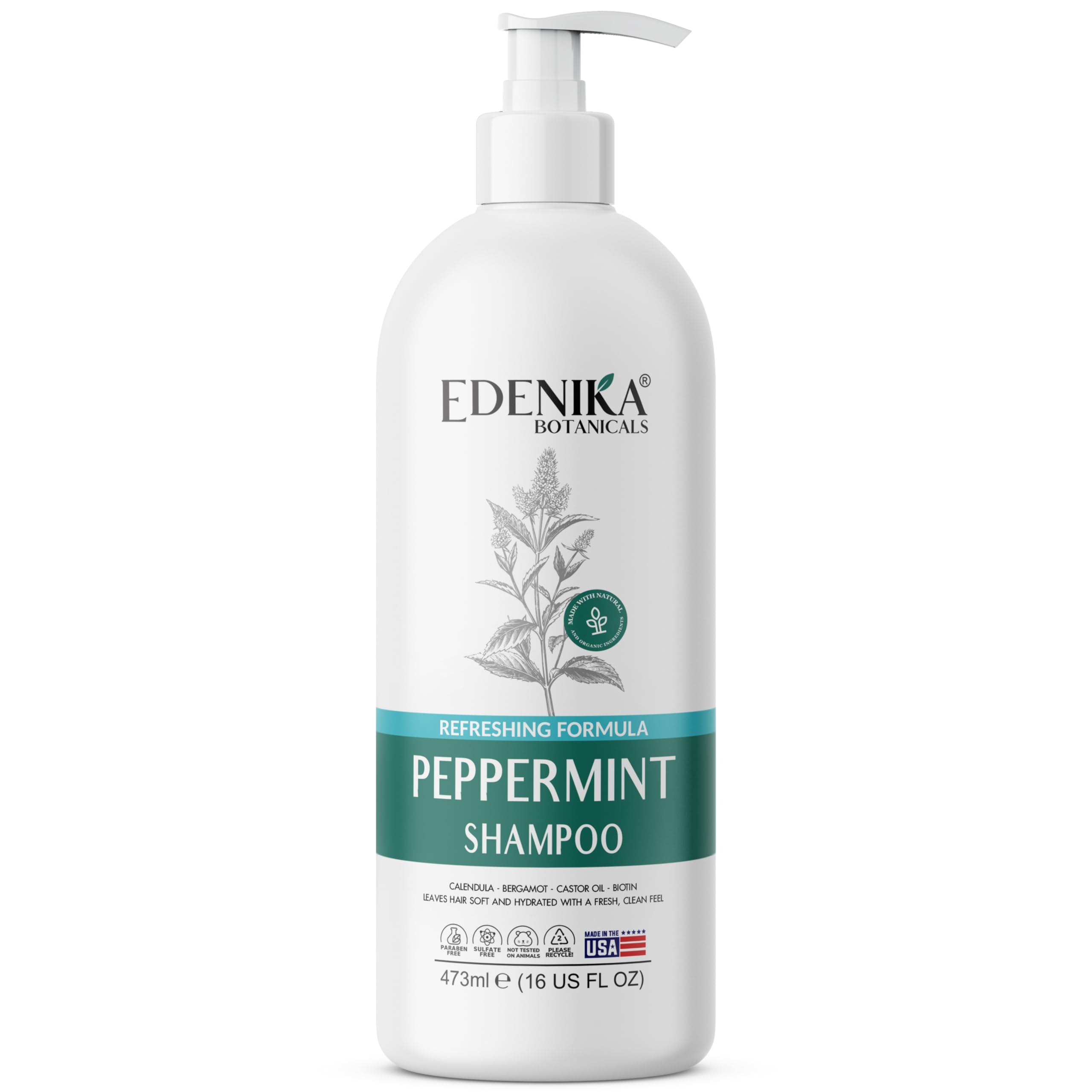 EDENIKA BOTANICALS Shampooing menthe bouteille: purifie le cuir chevelu et apporte fraîcheur.