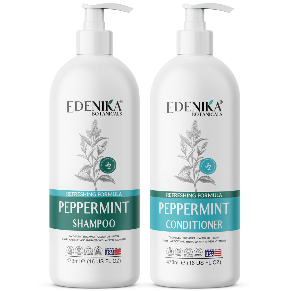 EDENIKA BOTANICALS shampooing menthe en bouteille pour revitalisation et fraîcheur du cuir chevelu.