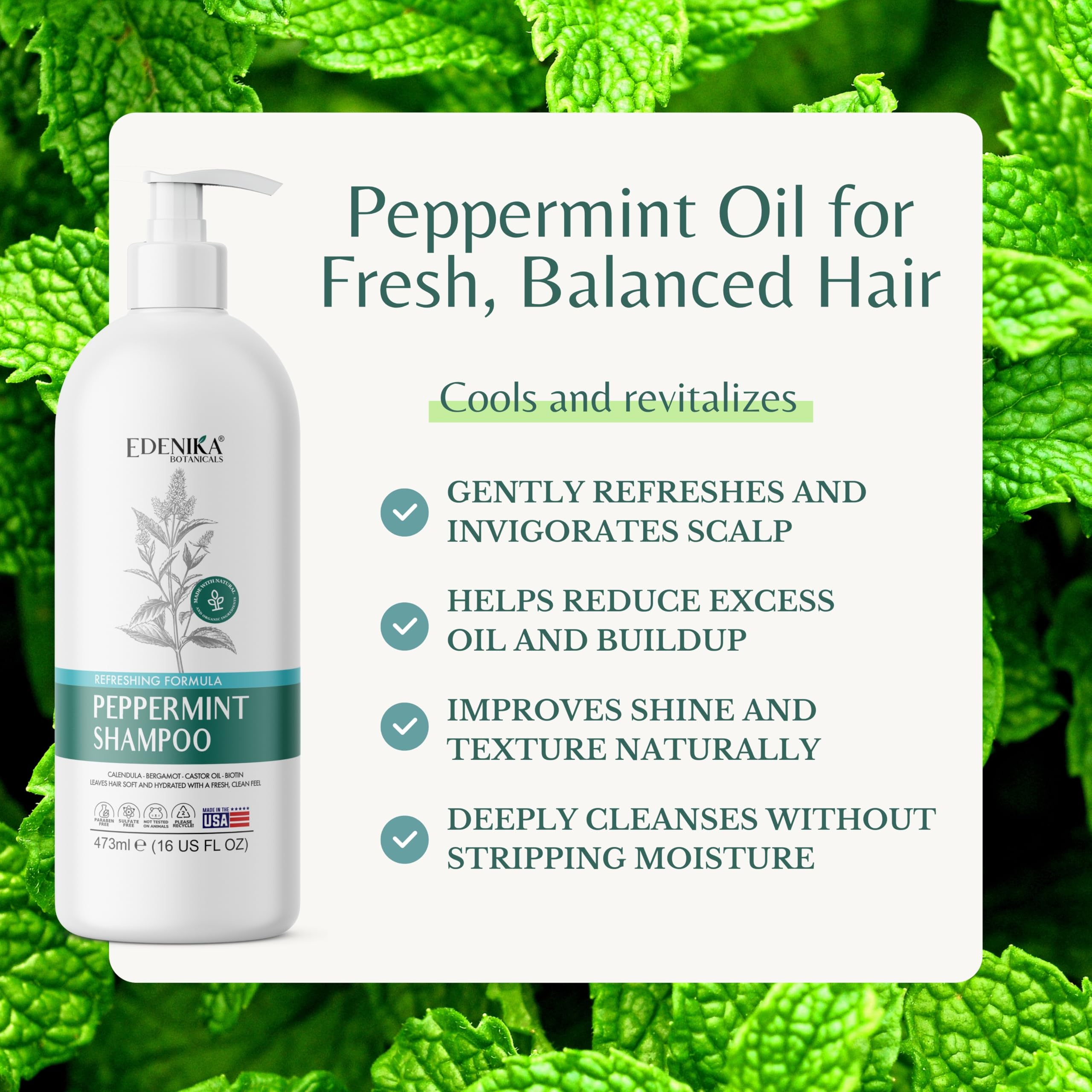 EDENIKA BOTANICALS Shampooing menthe etiquette: affiche les ingrédients naturels et les bienfaits.