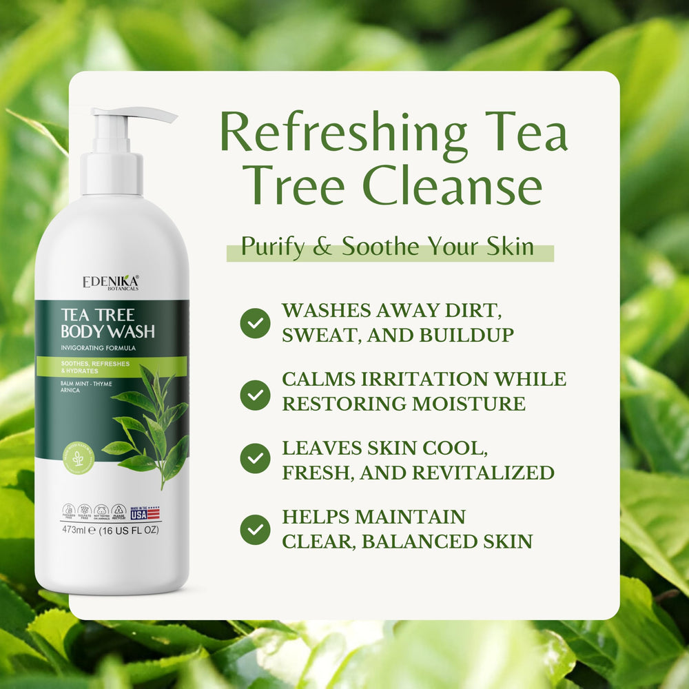 EDENIKA BOTANICALS Tea Tree Oil Body Wash label closeup highlights organic ingredients.