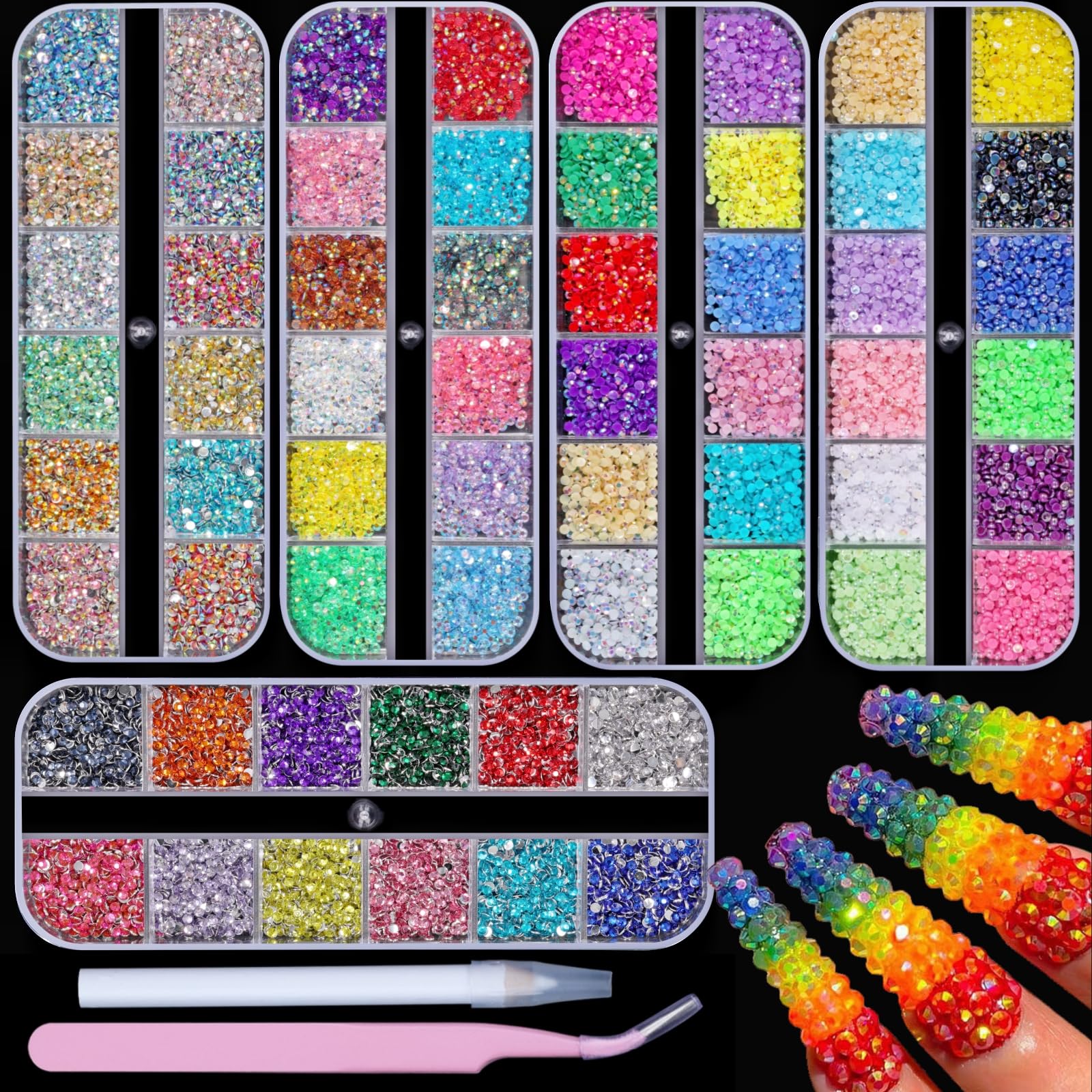 EditTime boîtes 13200 pièces strass et perles pour nail art, brillance possible.