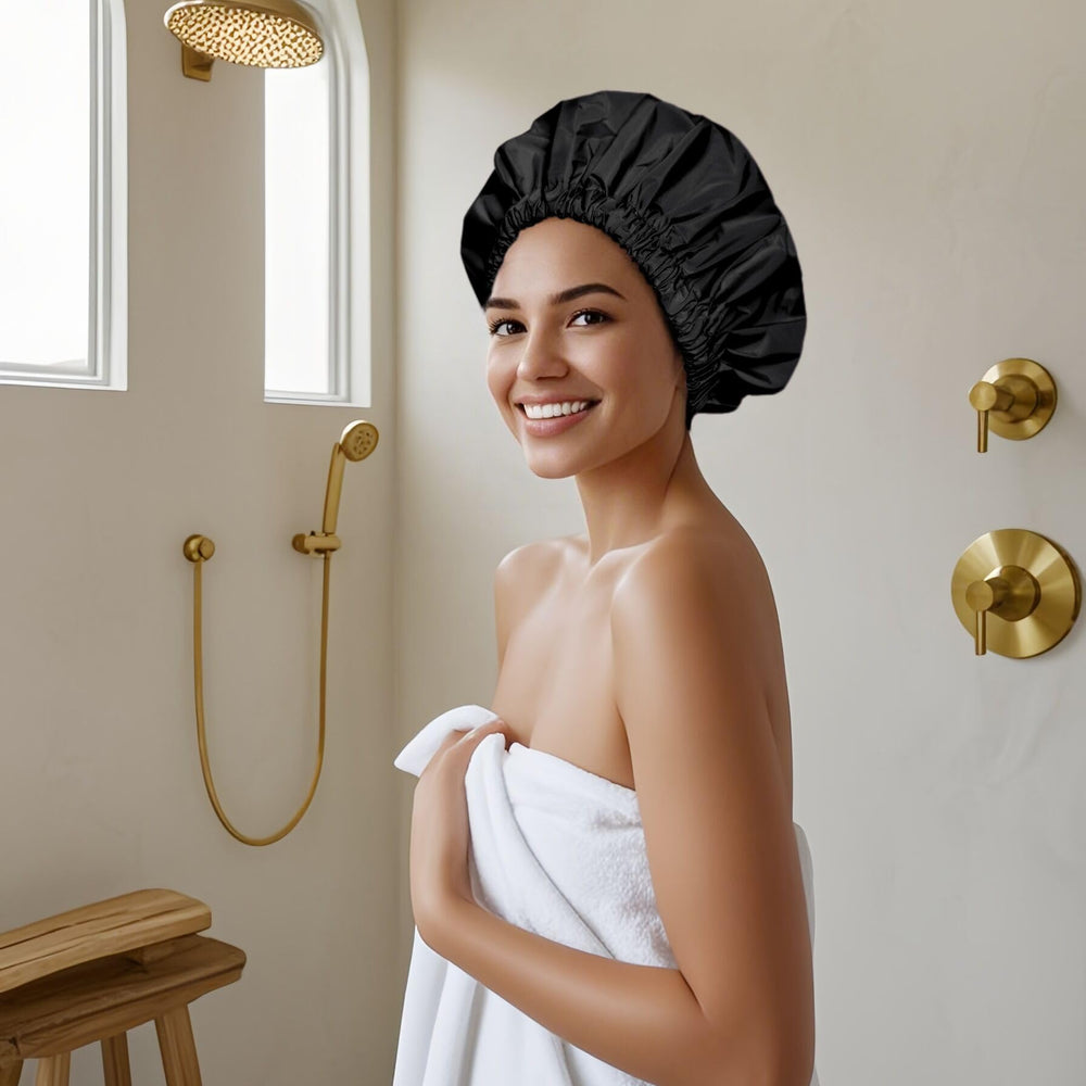 Edoneery chapeau-douche compact voyage rose noir, rangement facile et léger.