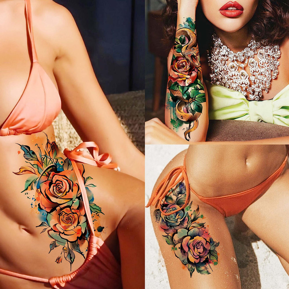 Tatouages EGMBGM Animaux et Fleurs en couleur, parfait pour festival ou cosplay.