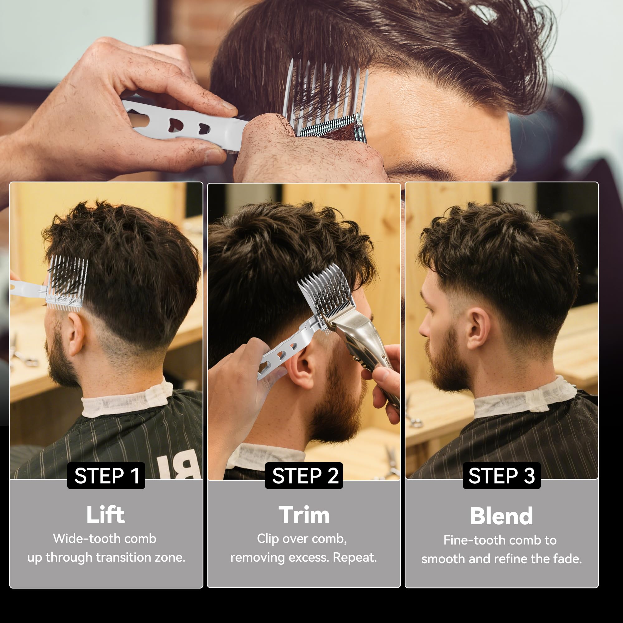 Utilisation simple en trois étapes avec le peigne EHBELIF Blend Friend Fade.