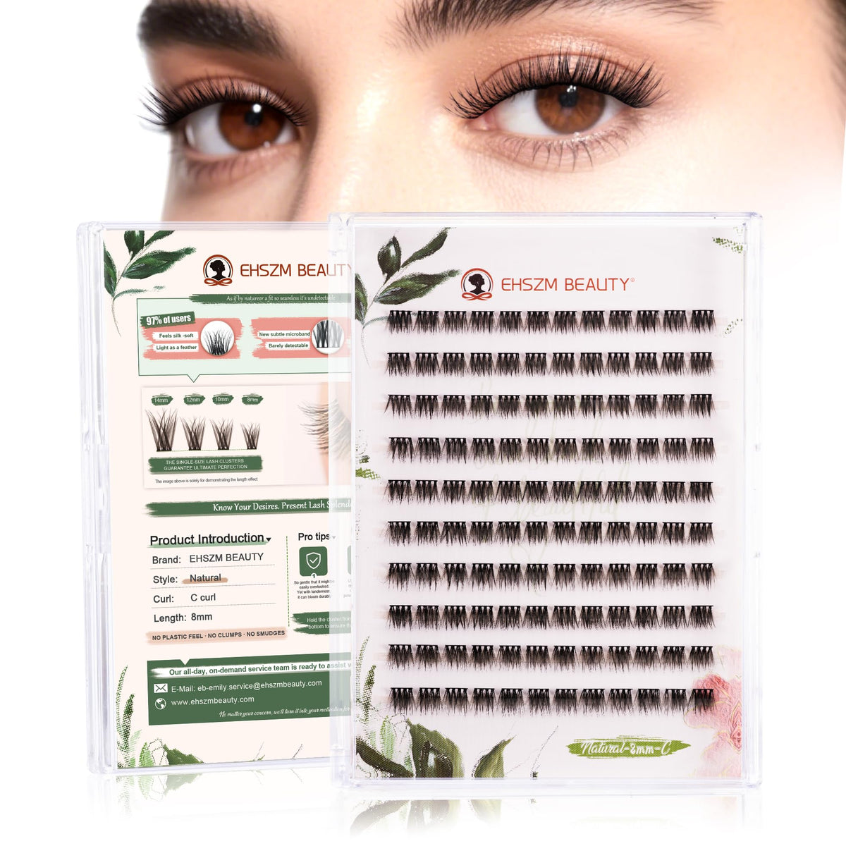 EHSZM BEAUTY – Groupes cils 8 mm, courbure C naturelle pour un regard discret.